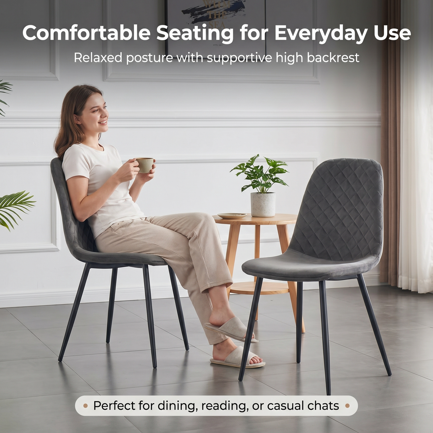 DEJINBU 4x Grey Velvet Dining Chairs Padded Seat Black Metal Legs For Home Cafe Office