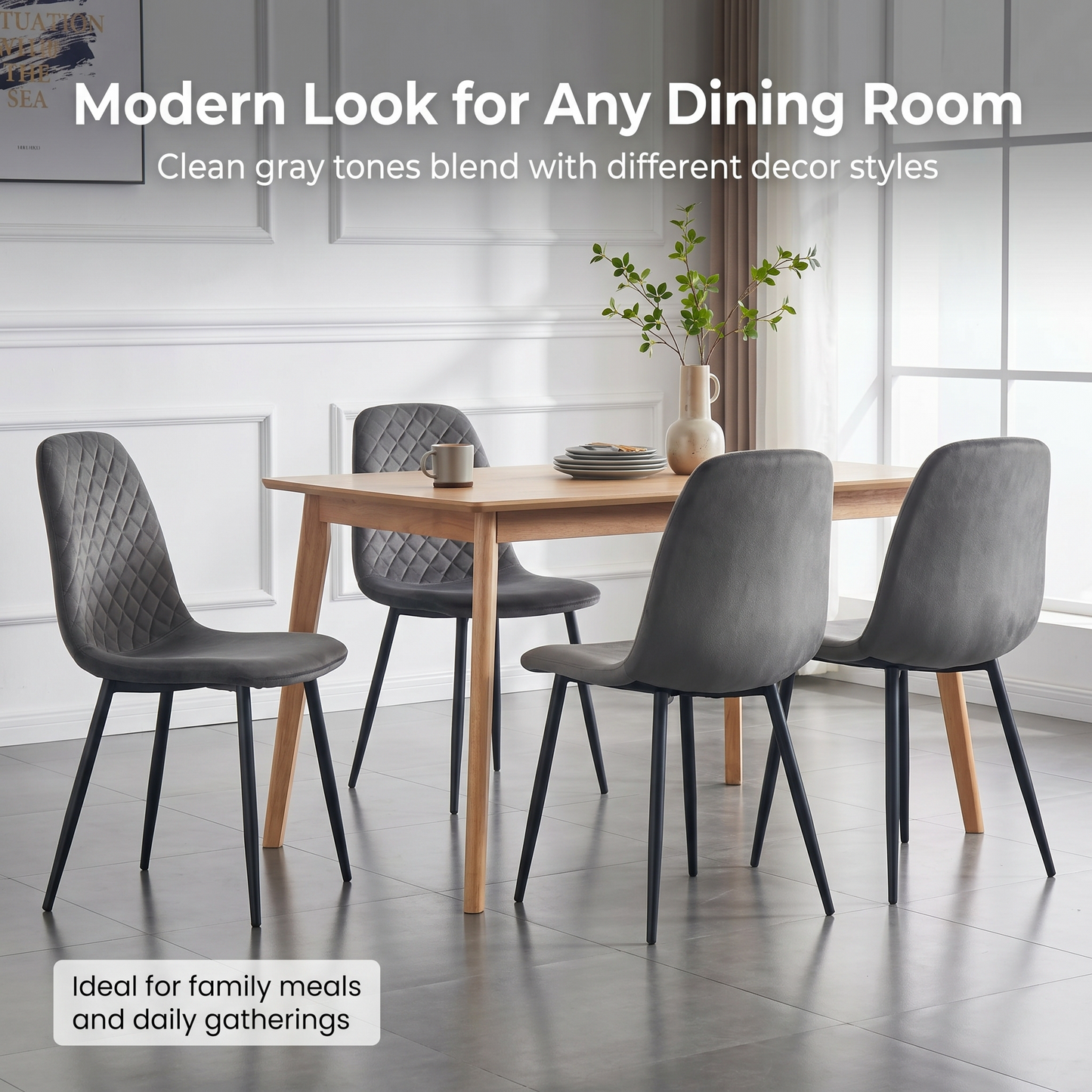 DEJINBU 4x Grey Velvet Dining Chairs Padded Seat Black Metal Legs For Home Cafe Office