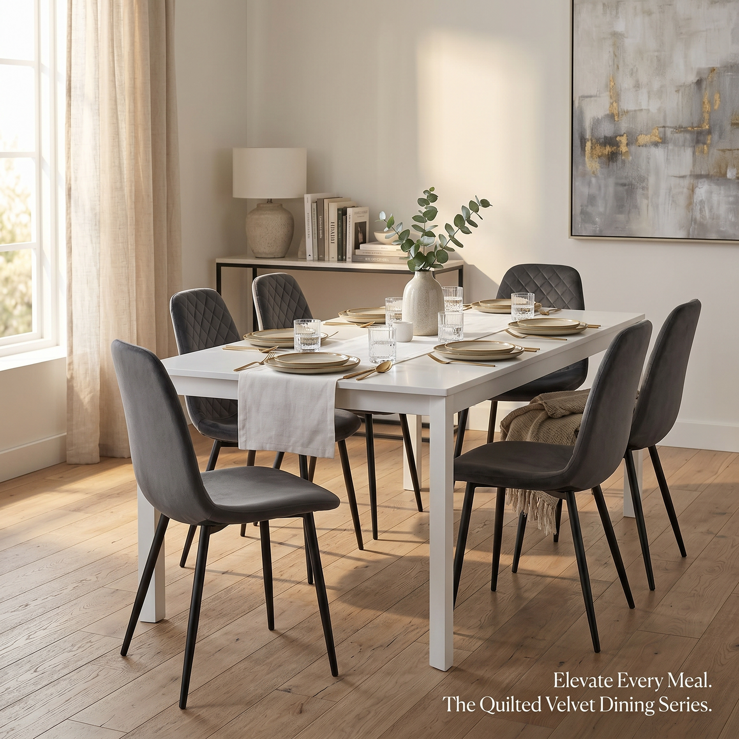 DEJINBU 4x Grey Velvet Dining Chairs Padded Seat Black Metal Legs For Home Cafe Office