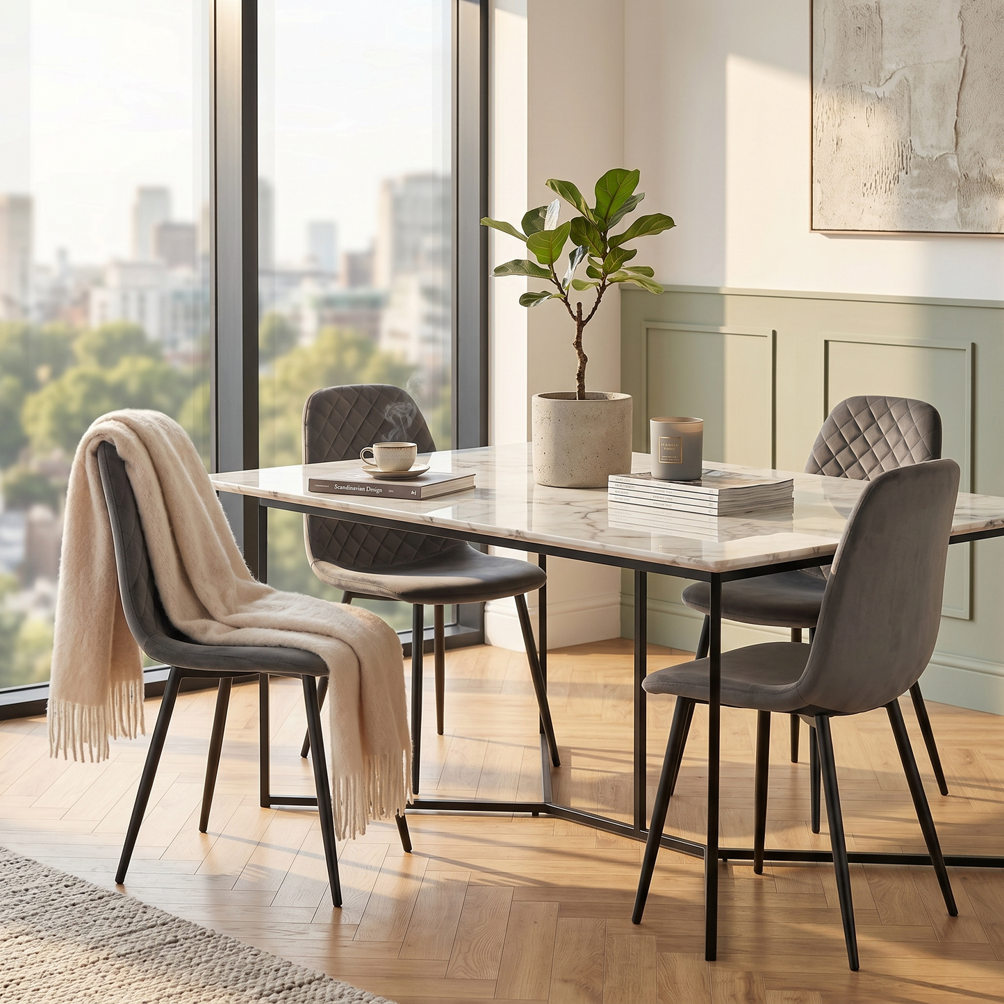 DEJINBU 4x Grey Velvet Dining Chairs Padded Seat Black Metal Legs For Home Cafe Office