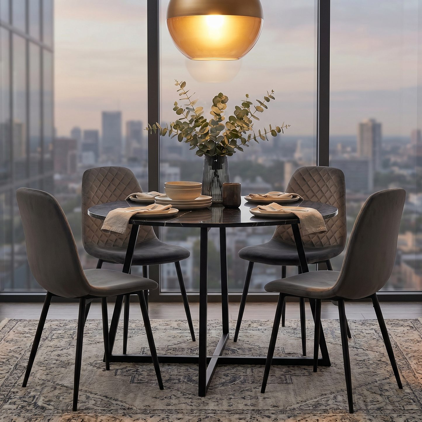 DEJINBU 4x Grey Velvet Dining Chairs Padded Seat Black Metal Legs For Home Cafe Office