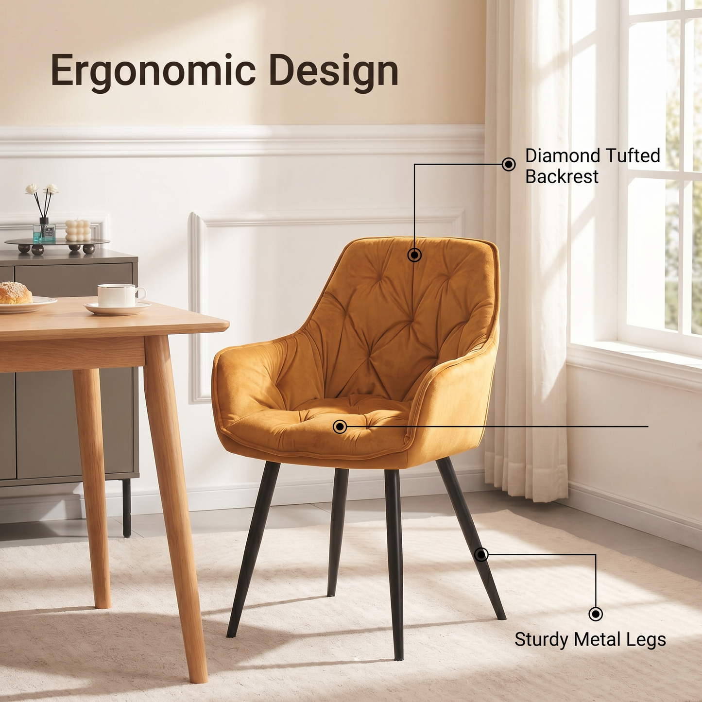 DEJINBU 1x Mustard Velvet Armchair Dining Chair Tufted seat Black Metal Legs Home Cafe