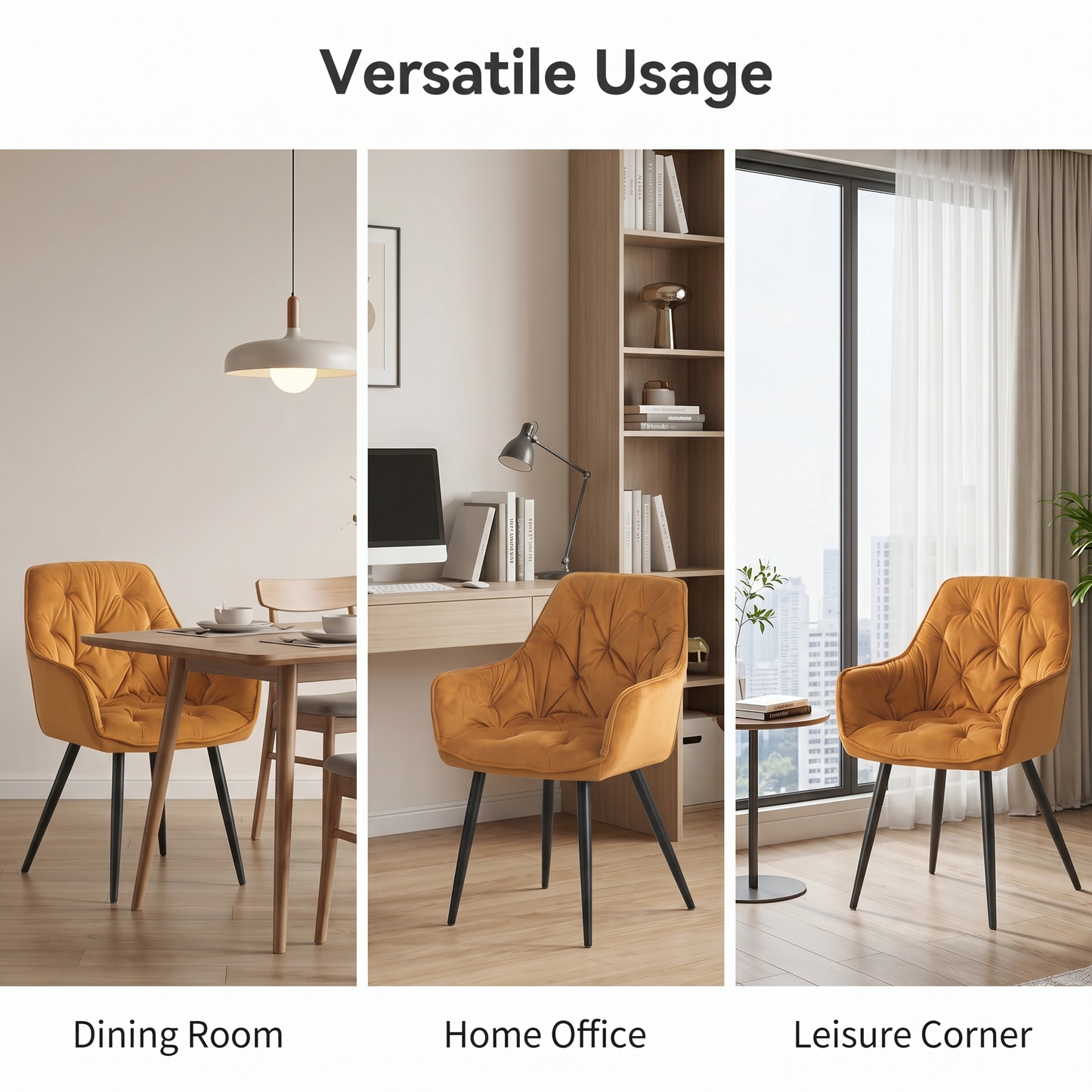 DEJINBU 1x Mustard Velvet Armchair Dining Chair Tufted seat Black Metal Legs Home Cafe