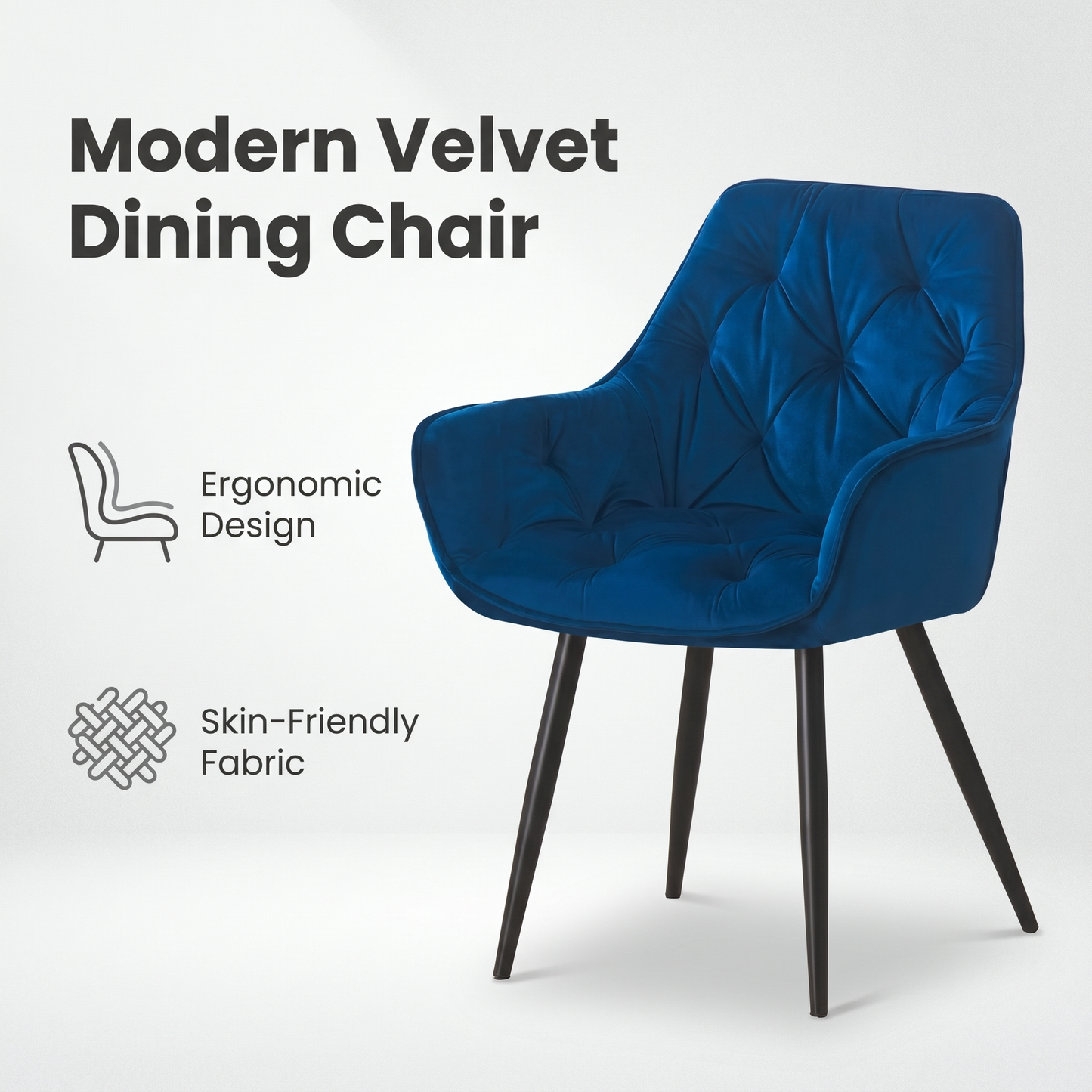 DEJINBU 1x Blue Velvet Armchair Dining Chair Tufted seat Black Metal Legs Home Cafe