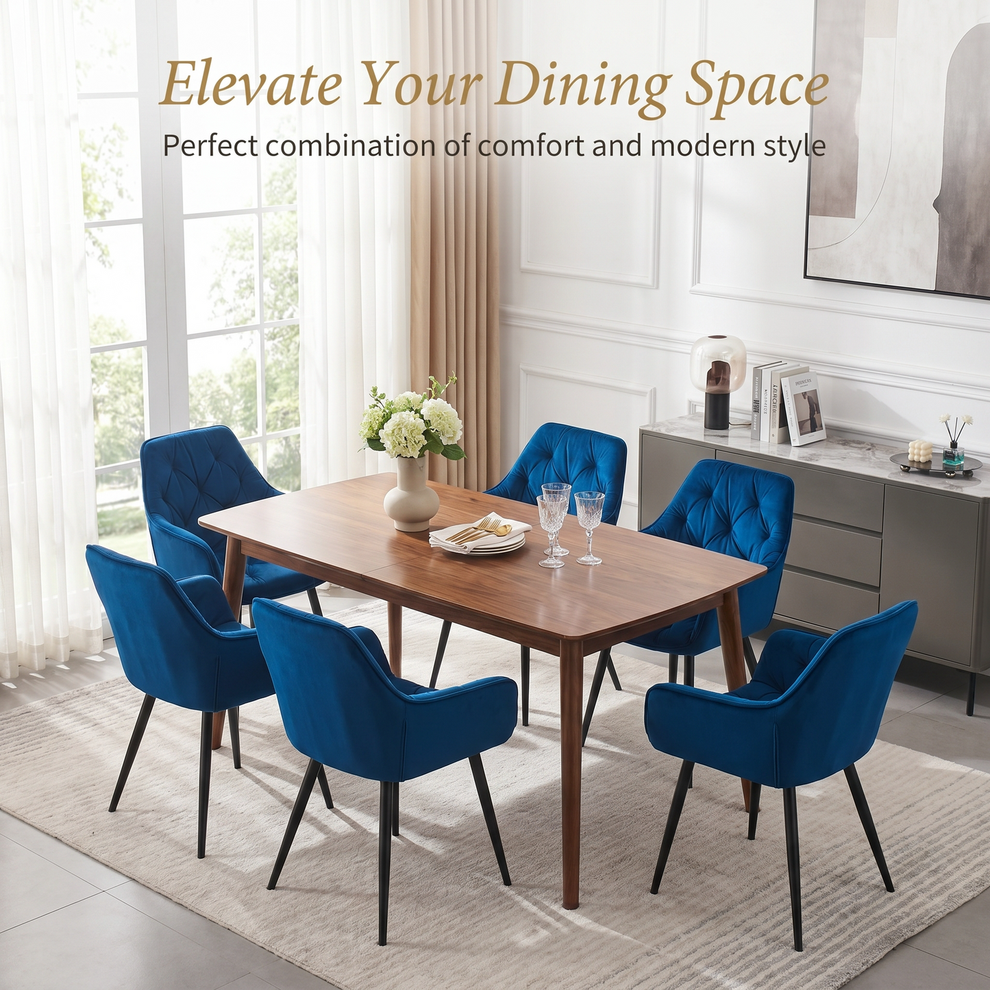 DEJINBU 1x Blue Velvet Armchair Dining Chair Tufted seat Black Metal Legs Home Cafe