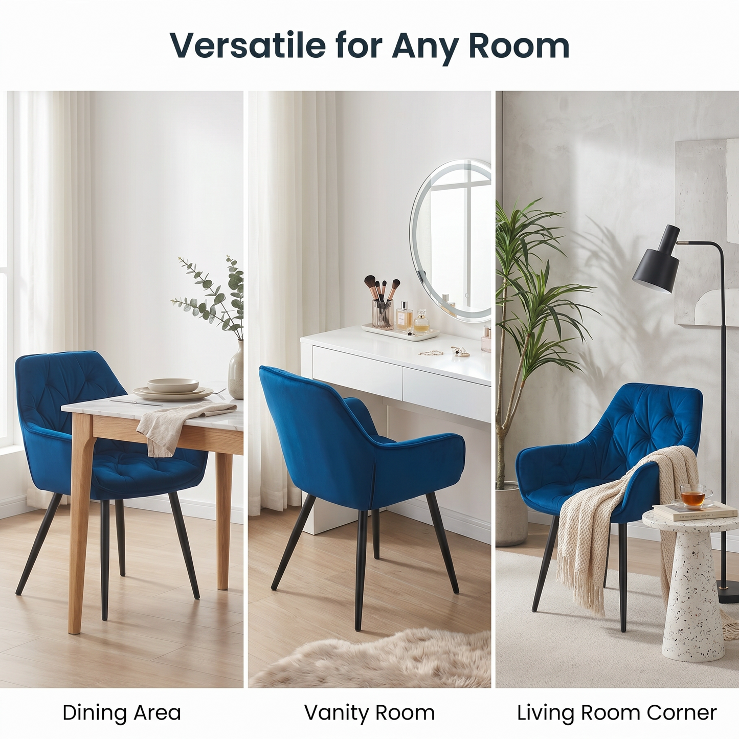 DEJINBU 1x Blue Velvet Armchair Dining Chair Tufted seat Black Metal Legs Home Cafe