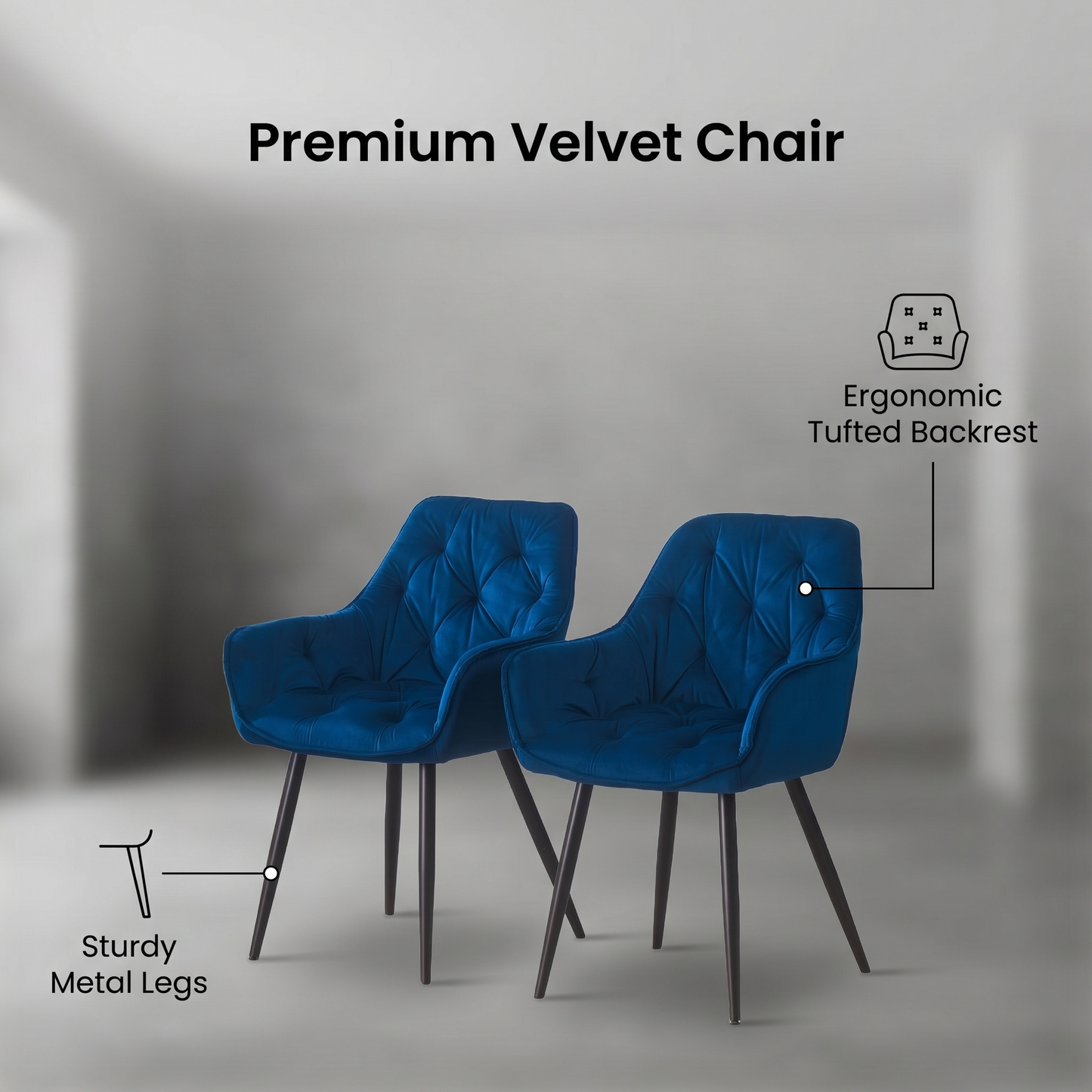 DEJINBU 2x Blue Velvet Armchair Dining Chair Tufted seat Black Metal Legs Home Cafe