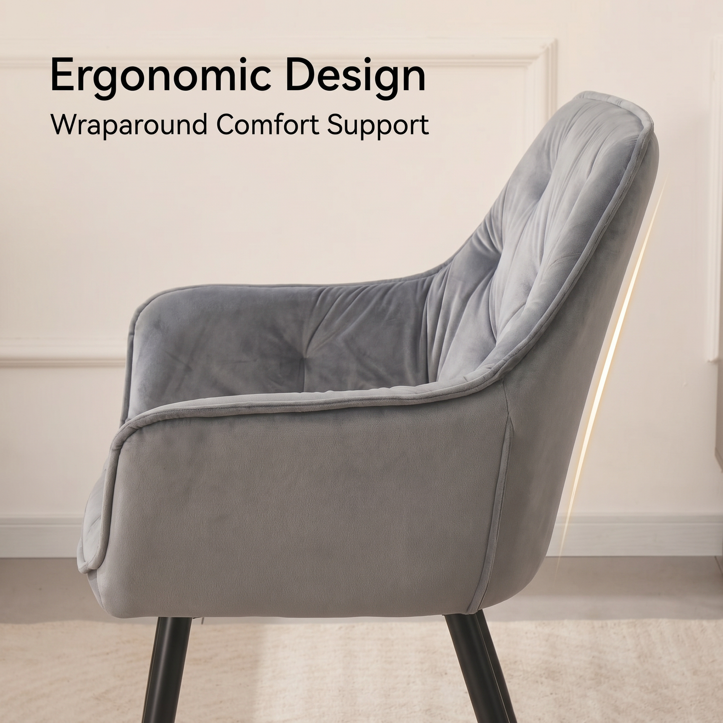 DEJINBU 1x Grey Velvet Armchair Dining Chair Tufted seat Black Metal Legs Home Cafe
