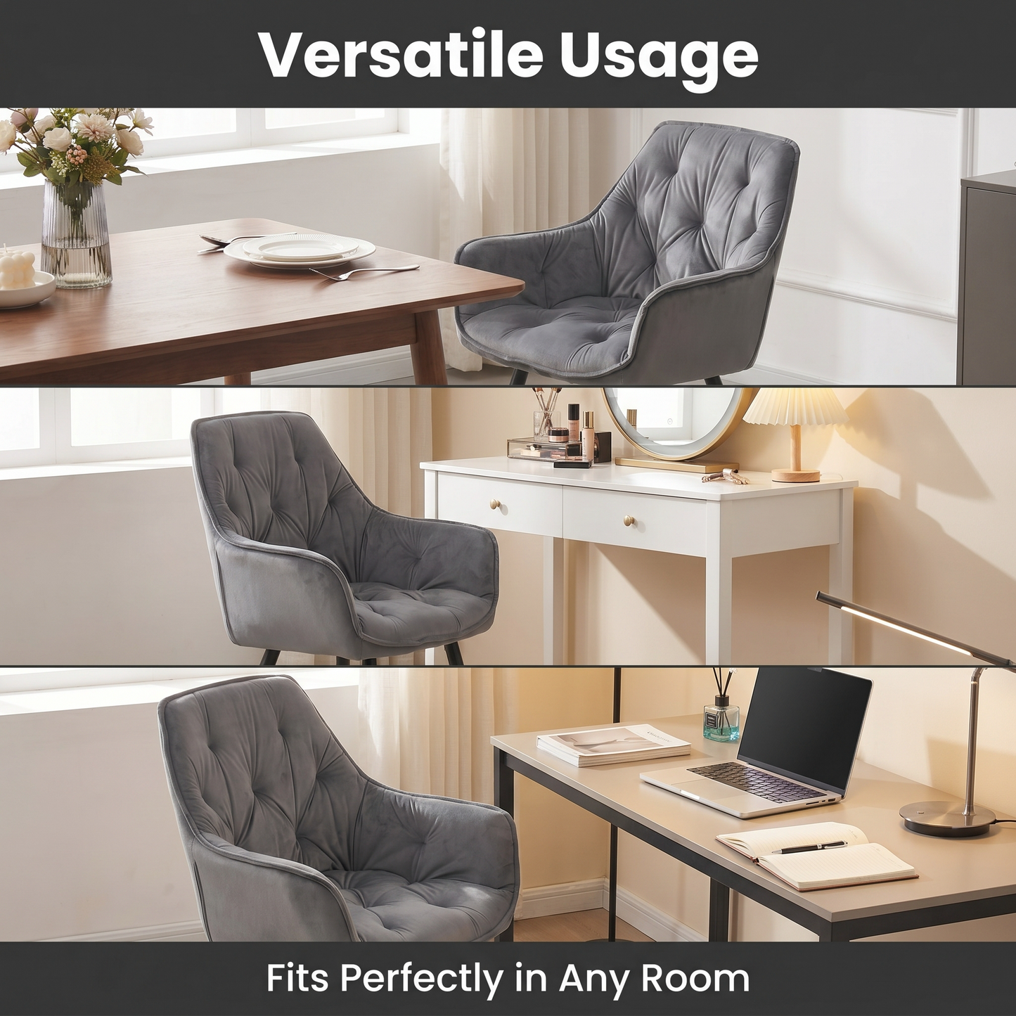 DEJINBU 1x Grey Velvet Armchair Dining Chair Tufted seat Black Metal Legs Home Cafe
