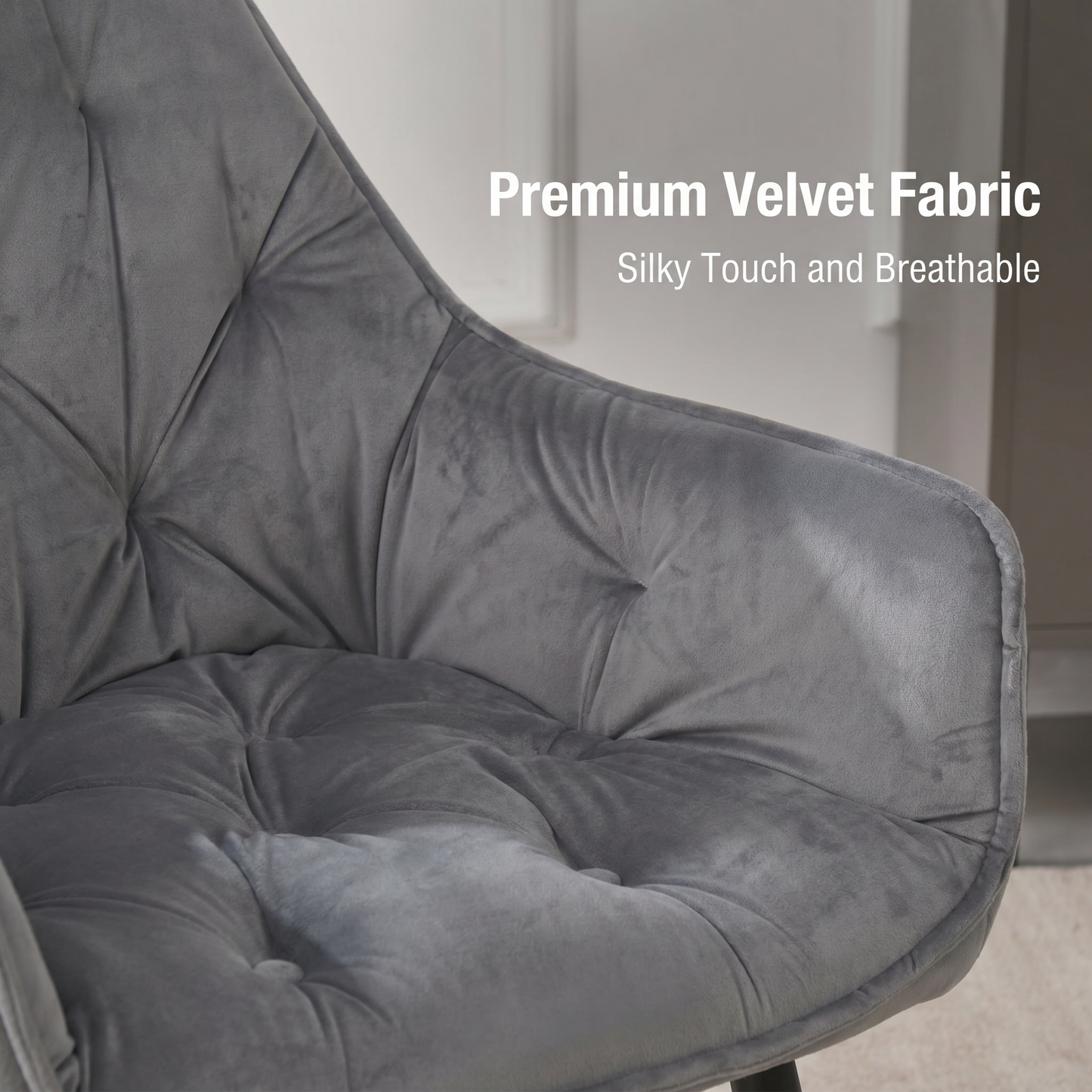 DEJINBU 1x Grey Velvet Armchair Dining Chair Tufted seat Black Metal Legs Home Cafe