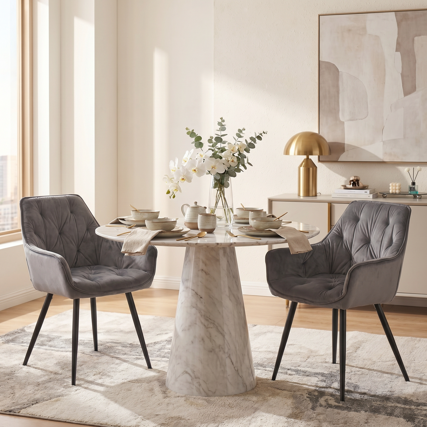 DEJINBU 2x Grey Velvet Armchair Dining Chair Tufted seat Black Metal Legs Home Cafe