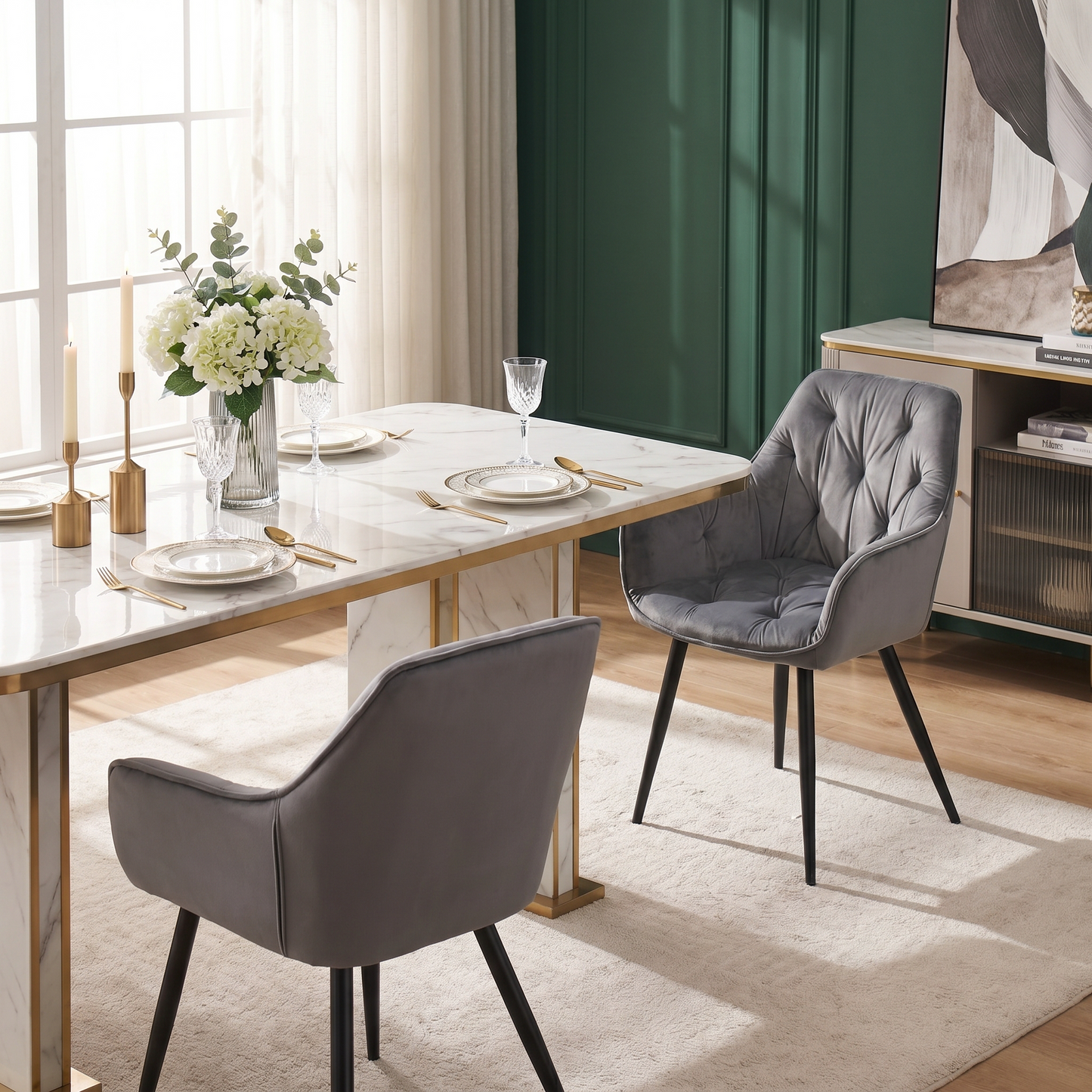 DEJINBU 2x Grey Velvet Armchair Dining Chair Tufted seat Black Metal Legs Home Cafe
