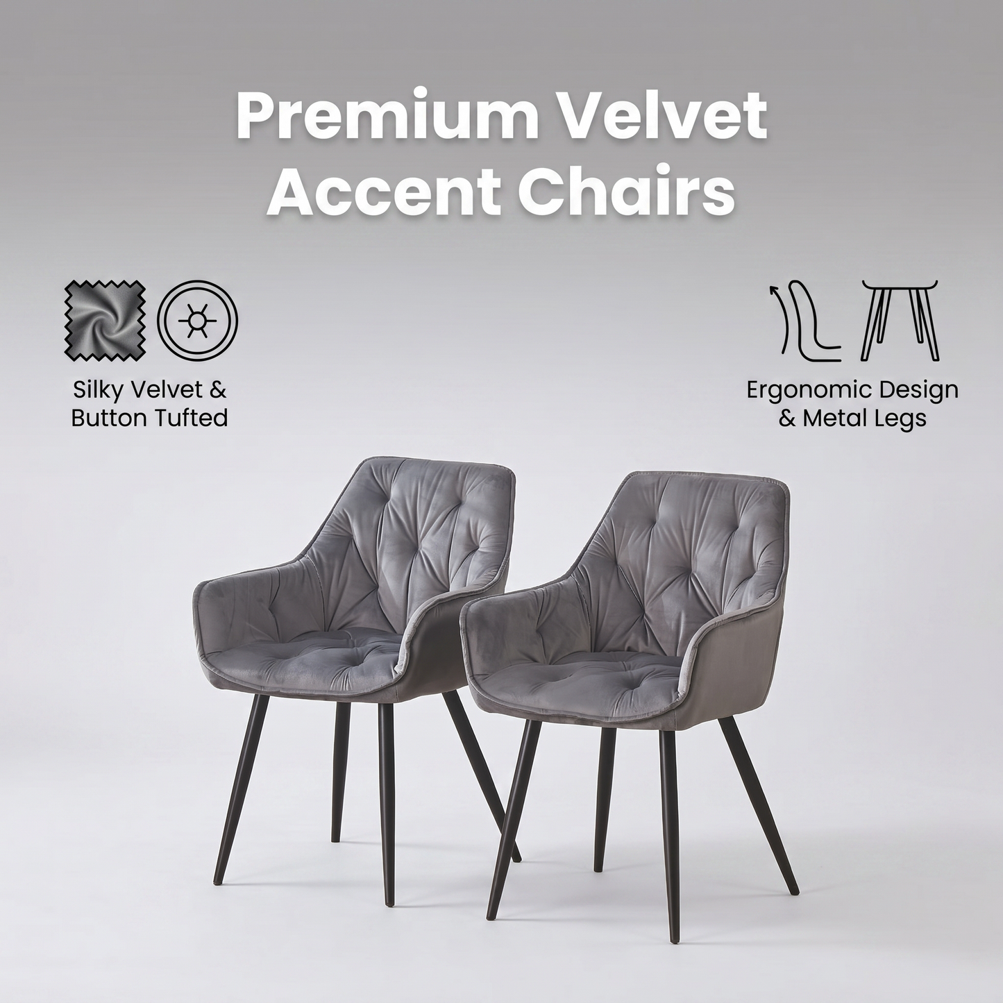 DEJINBU 2x Grey Velvet Armchair Dining Chair Tufted seat Black Metal Legs Home Cafe