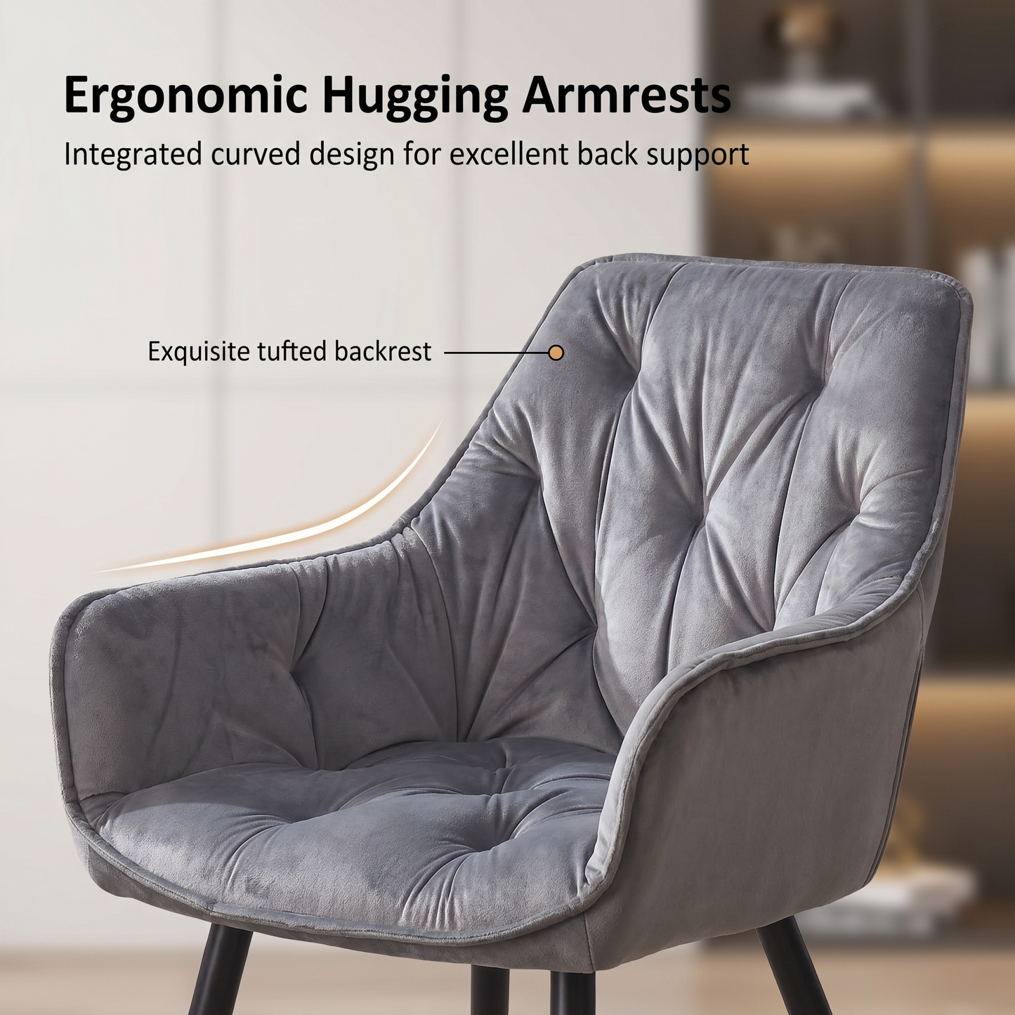 DEJINBU 2x Grey Velvet Armchair Dining Chair Tufted seat Black Metal Legs Home Cafe