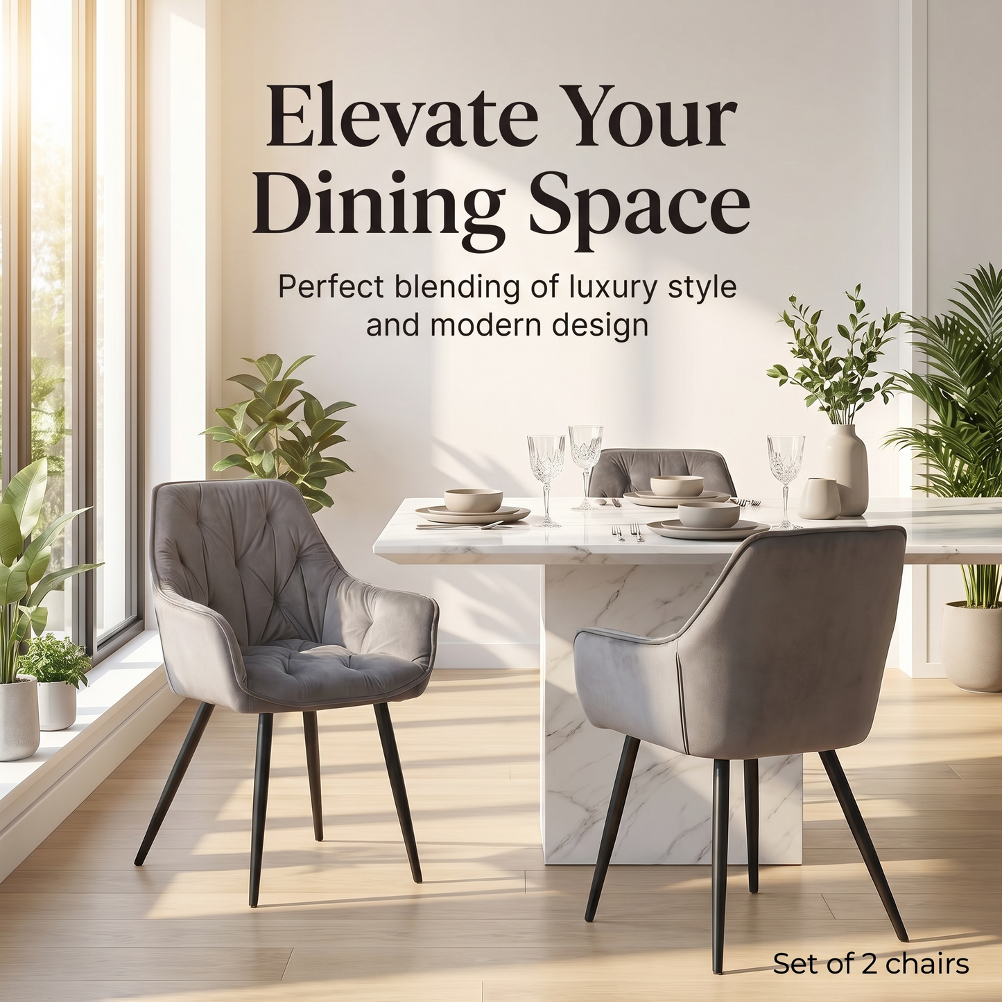 DEJINBU 2x Grey Velvet Armchair Dining Chair Tufted seat Black Metal Legs Home Cafe
