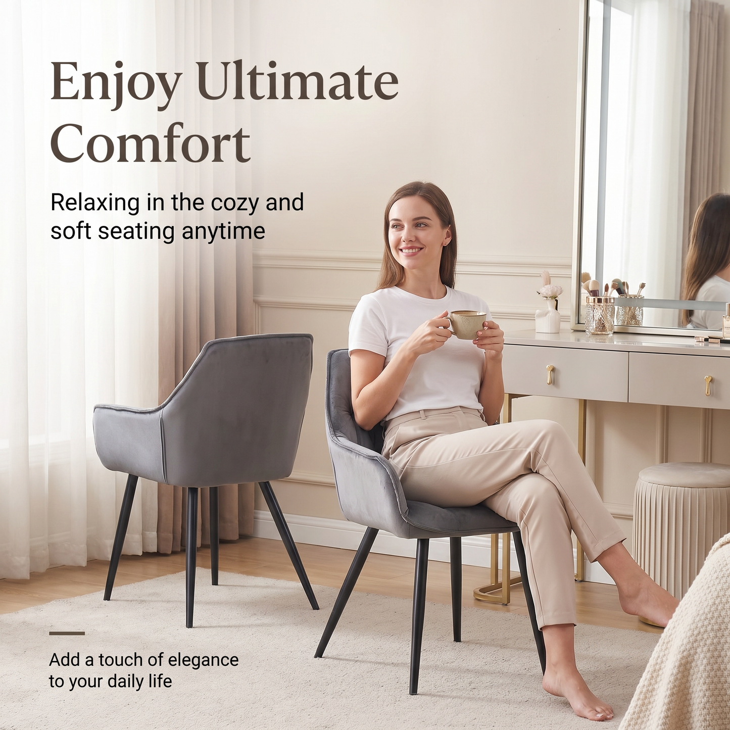 DEJINBU 2x Grey Velvet Armchair Dining Chair Tufted seat Black Metal Legs Home Cafe