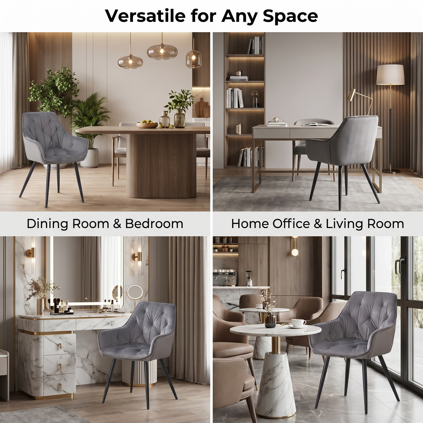 DEJINBU 2x Grey Velvet Armchair Dining Chair Tufted seat Black Metal Legs Home Cafe