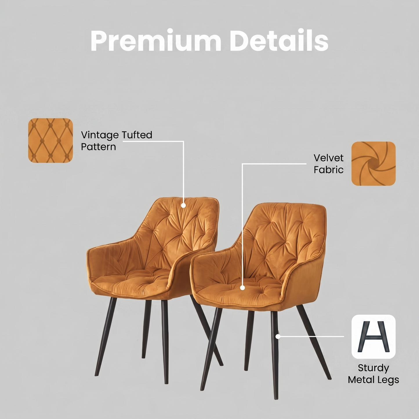 DEJINBU 2x Mustard Velvet Armchair Dining Chair Tufted seat Black Metal Legs Home Cafe