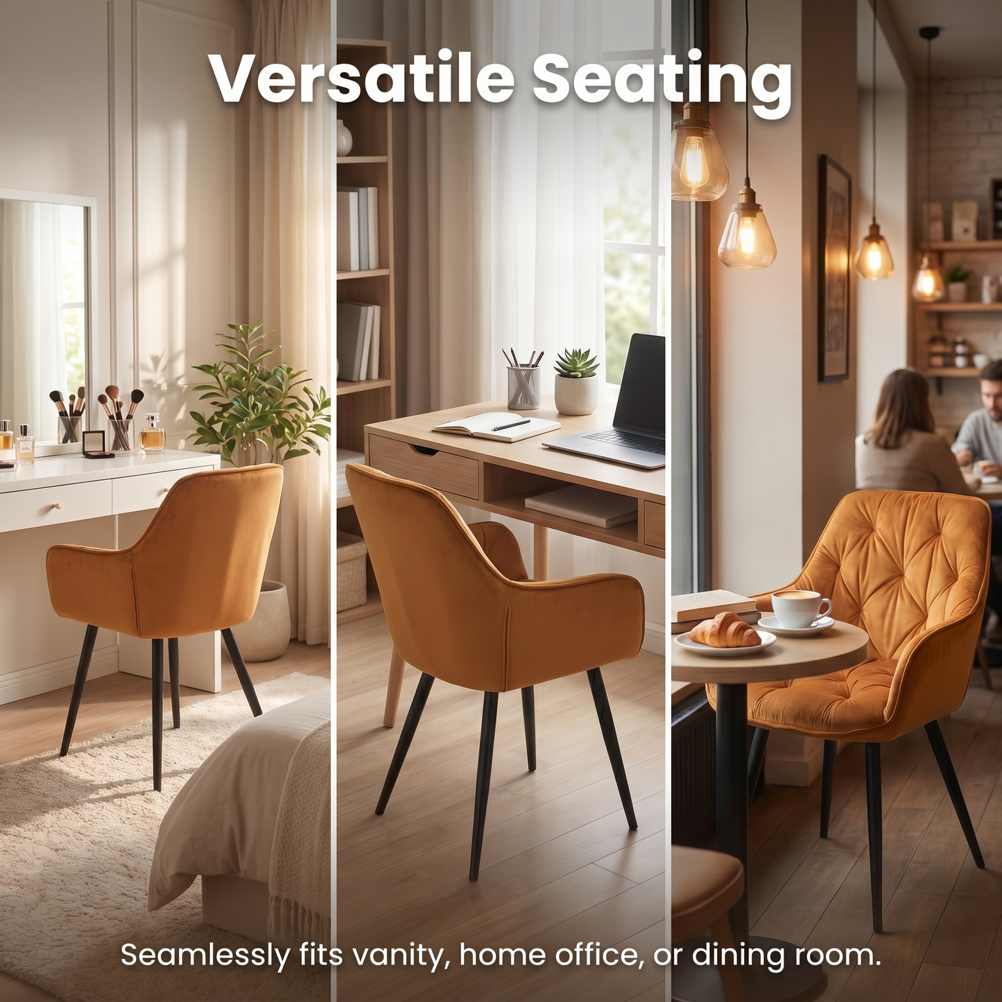 DEJINBU 2x Mustard Velvet Armchair Dining Chair Tufted seat Black Metal Legs Home Cafe