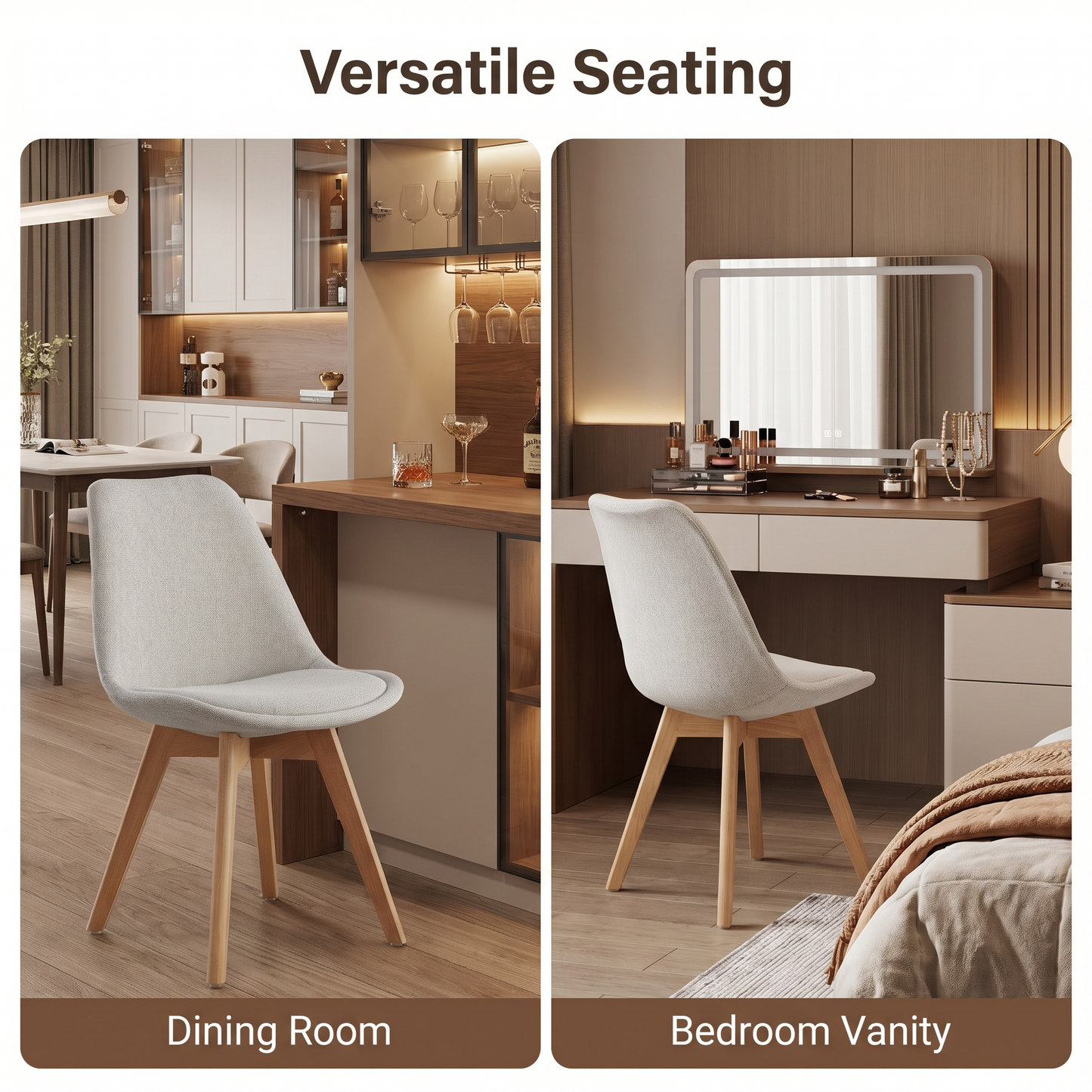 DEJINBU 2x dining Chairs Light Beige Linen Fabric Upholstered Seat Wood Legs For Home Cafe Office