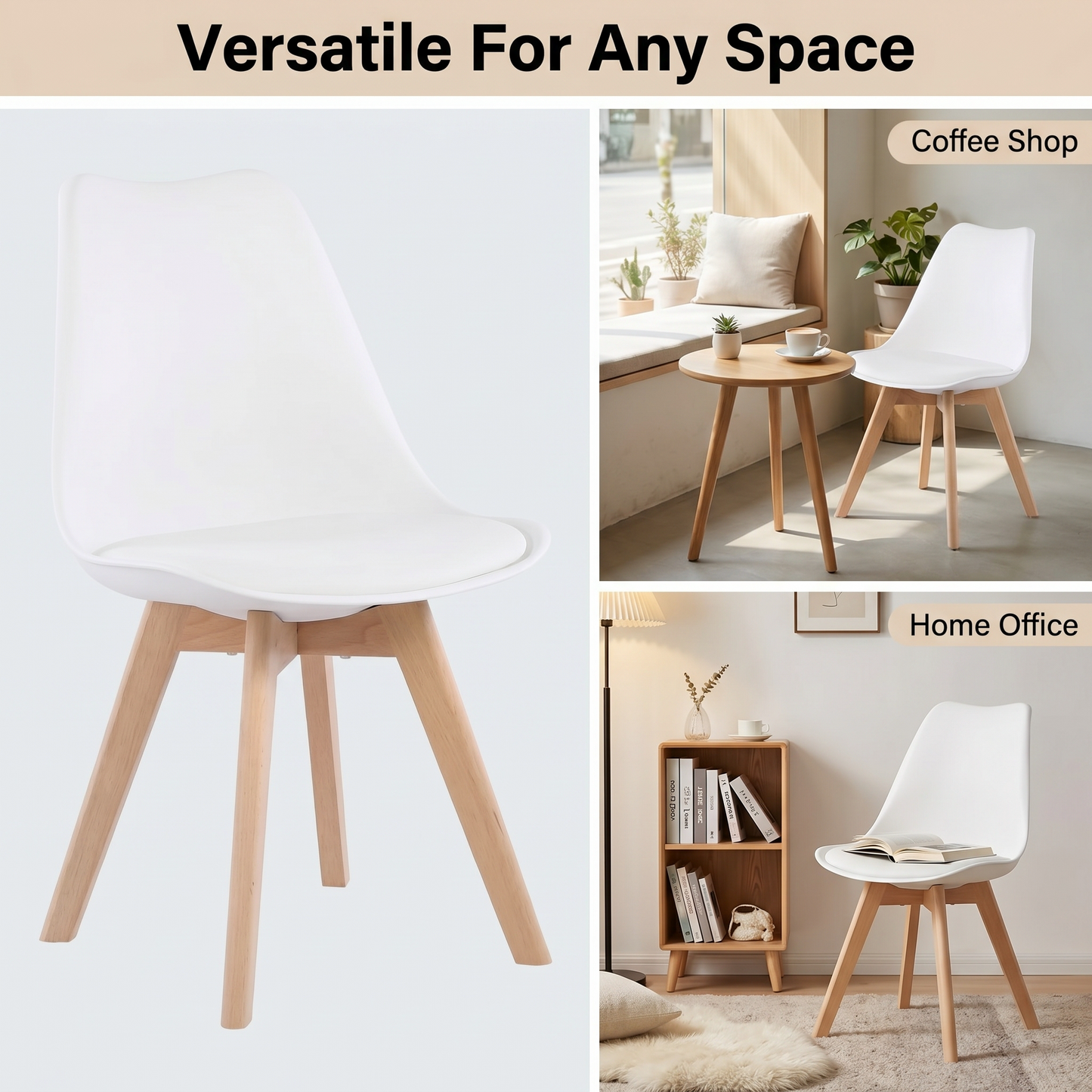 DEJINBU 2x White Dining Chairs PU padded Seat Beech Wood Legs For Home Cafe Office