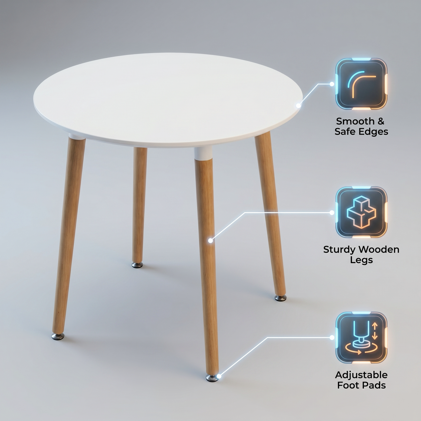 DEJINBU 1x 80CM Round Table Dining Table White MDF Table Top 4 Individual Wood Legs with Adjustable feet