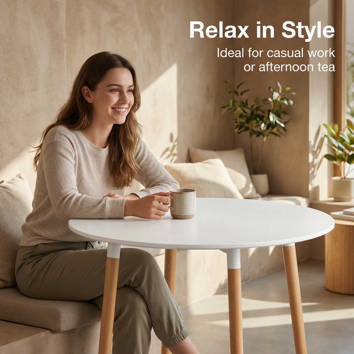 DEJINBU 1x 80CM Round Table Dining Table White MDF Table Top 4 Individual Wood Legs with Adjustable feet
