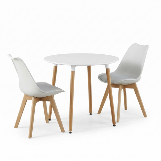 DEJINBU 3pcs Table Set 1x 80CM White Round Table With 2x White PP Padded Chair For Home Cafe Office Apartment