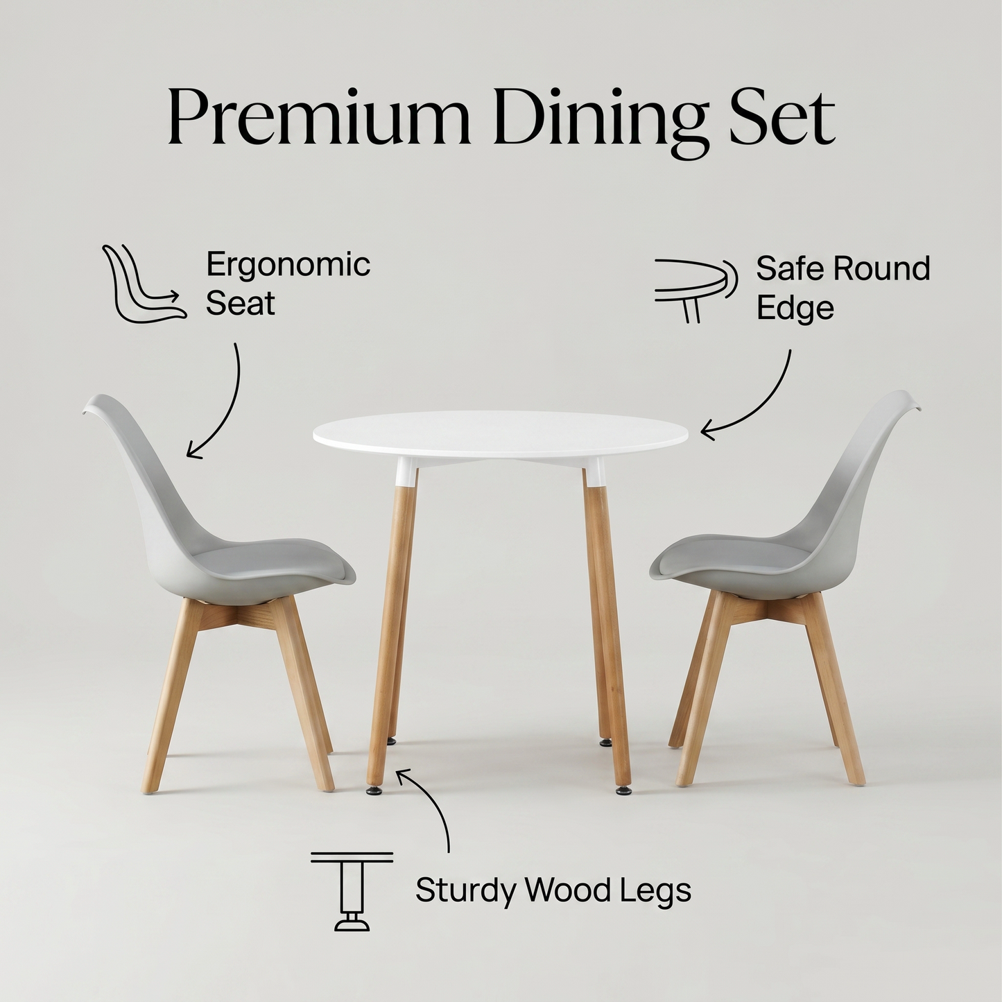 DEJINBU 3pcs Table Set 1x 80CM White Round Table With 2x White PP Padded Chair For Home Cafe Office Apartment