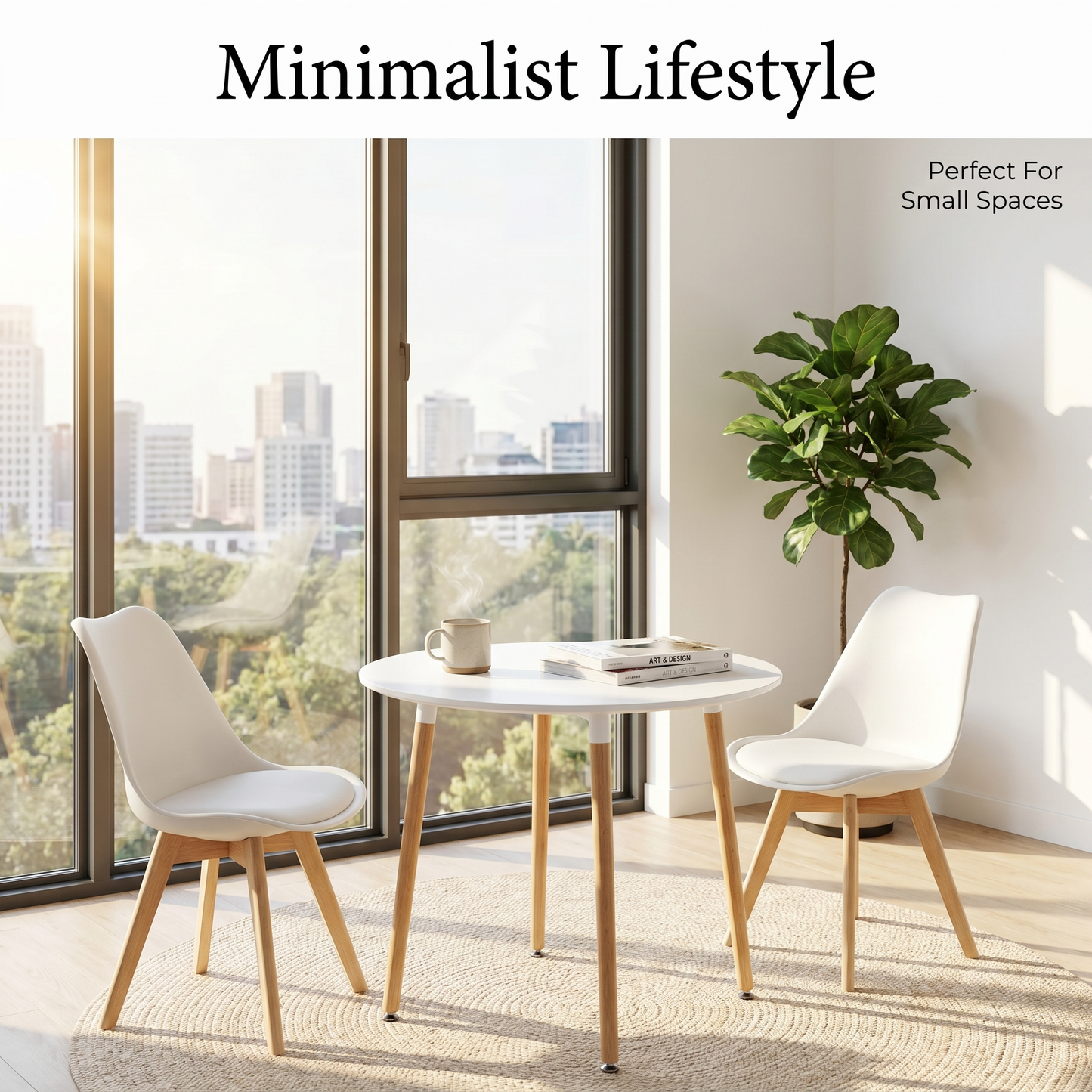 DEJINBU 3pcs Table Set 1x 80CM White Round Table With 2x White PP Padded Chair For Home Cafe Office Apartment