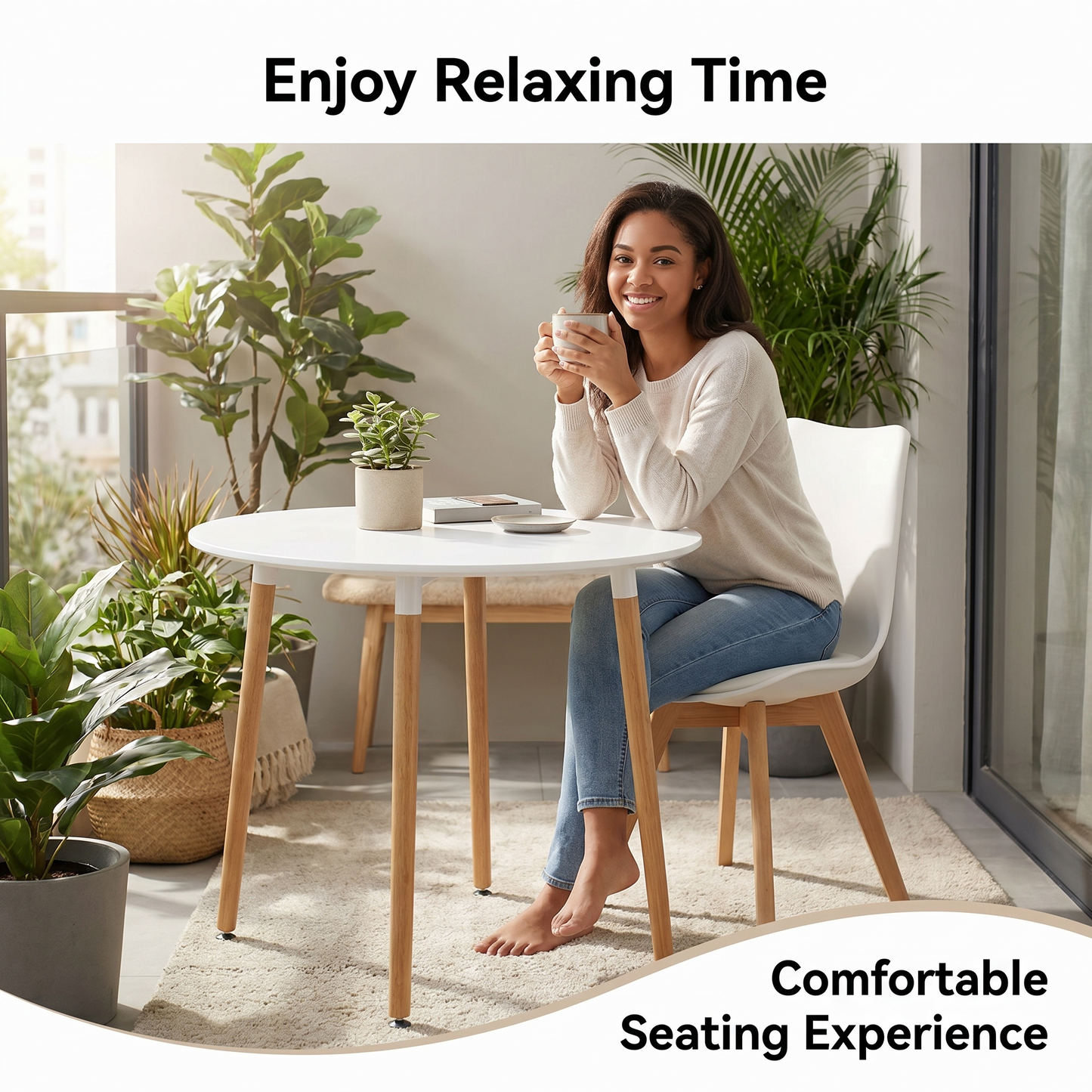DEJINBU 3pcs Table Set 1x 80CM White Round Table With 2x White PP Padded Chair For Home Cafe Office Apartment