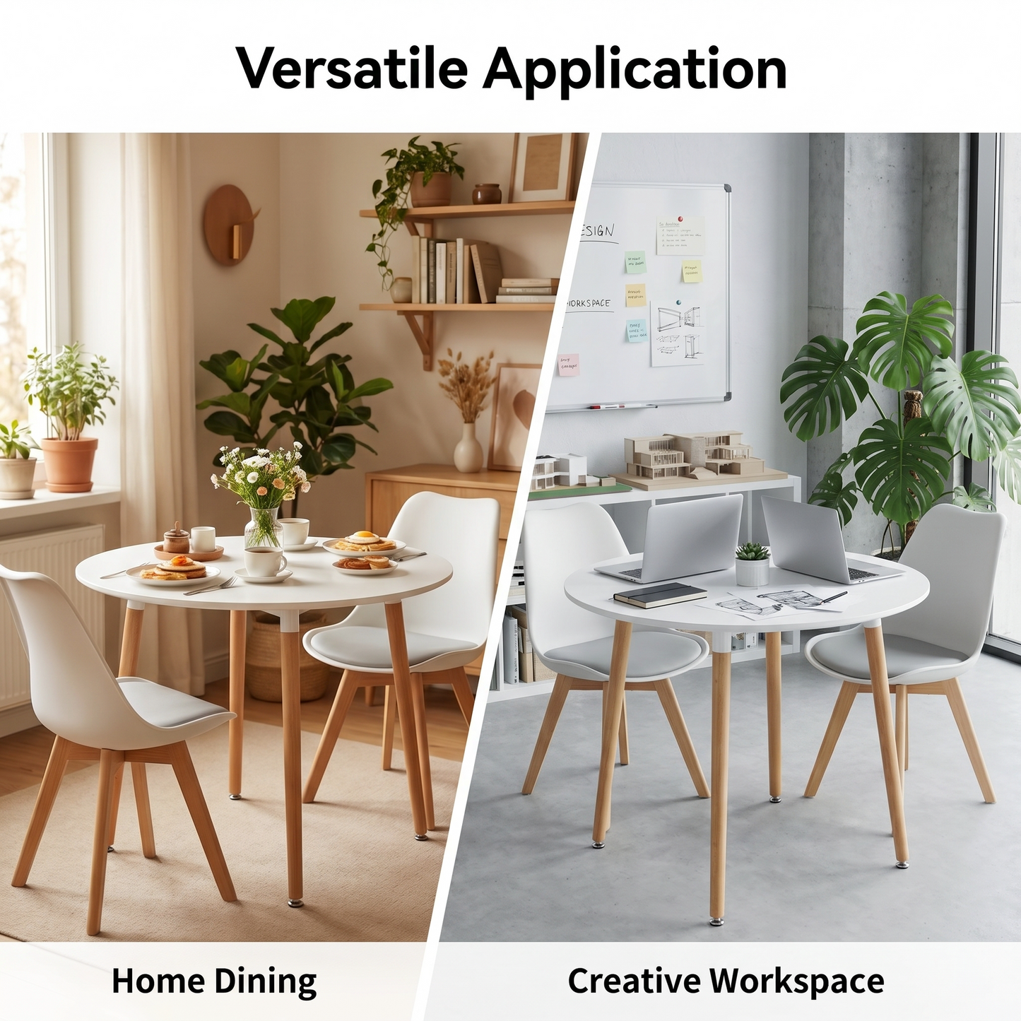 DEJINBU 3pcs Table Set 1x 80CM White Round Table With 2x White PP Padded Chair For Home Cafe Office Apartment