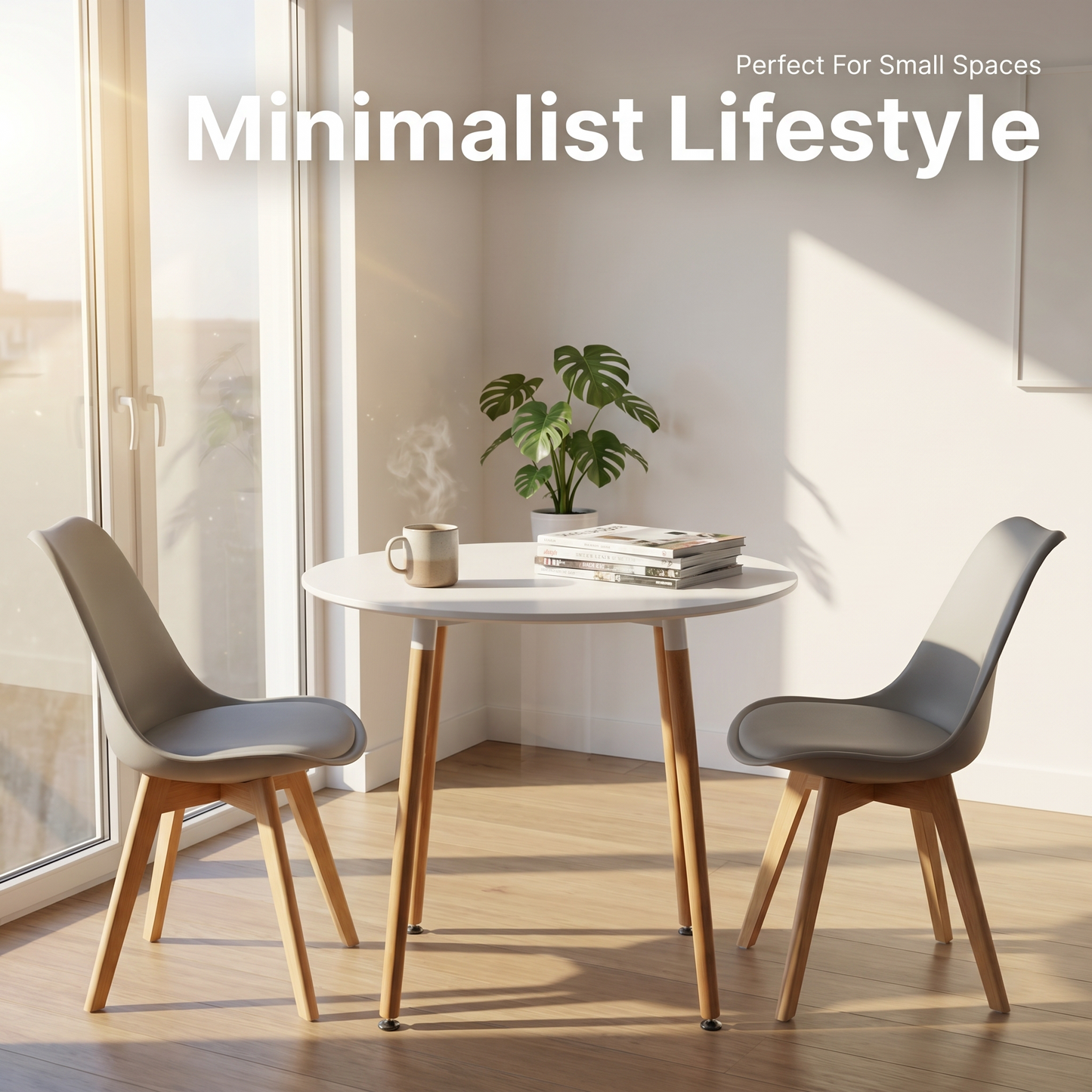 DEJINBU 3pcs Table Set 1x 80CM White Round Table With 2x White PP Padded Chair For Home Cafe Office Apartment