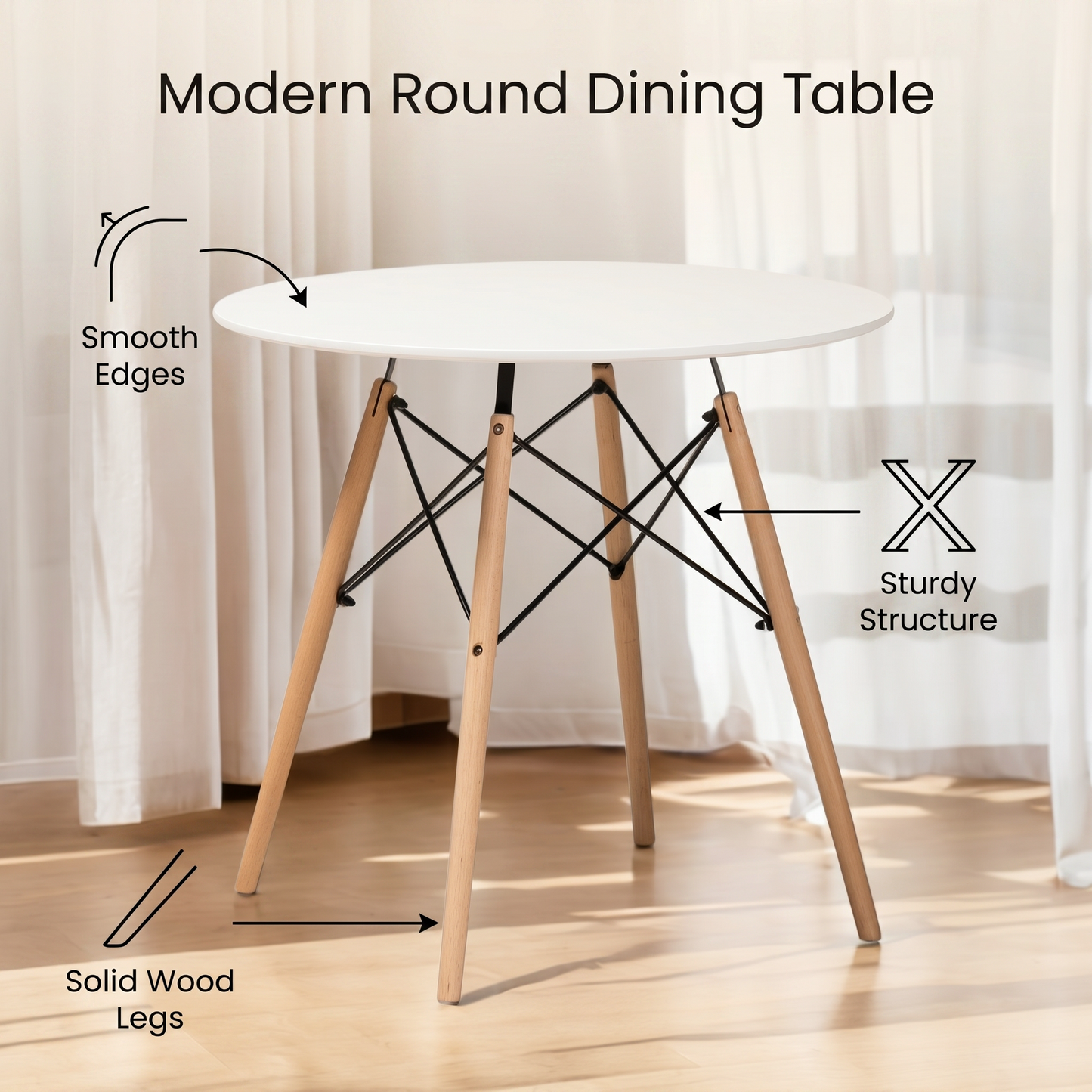 DEJINBU 1x Dining Table Eames Round Table 80cm White Top Beech Wood Legs For Home Cafe Office