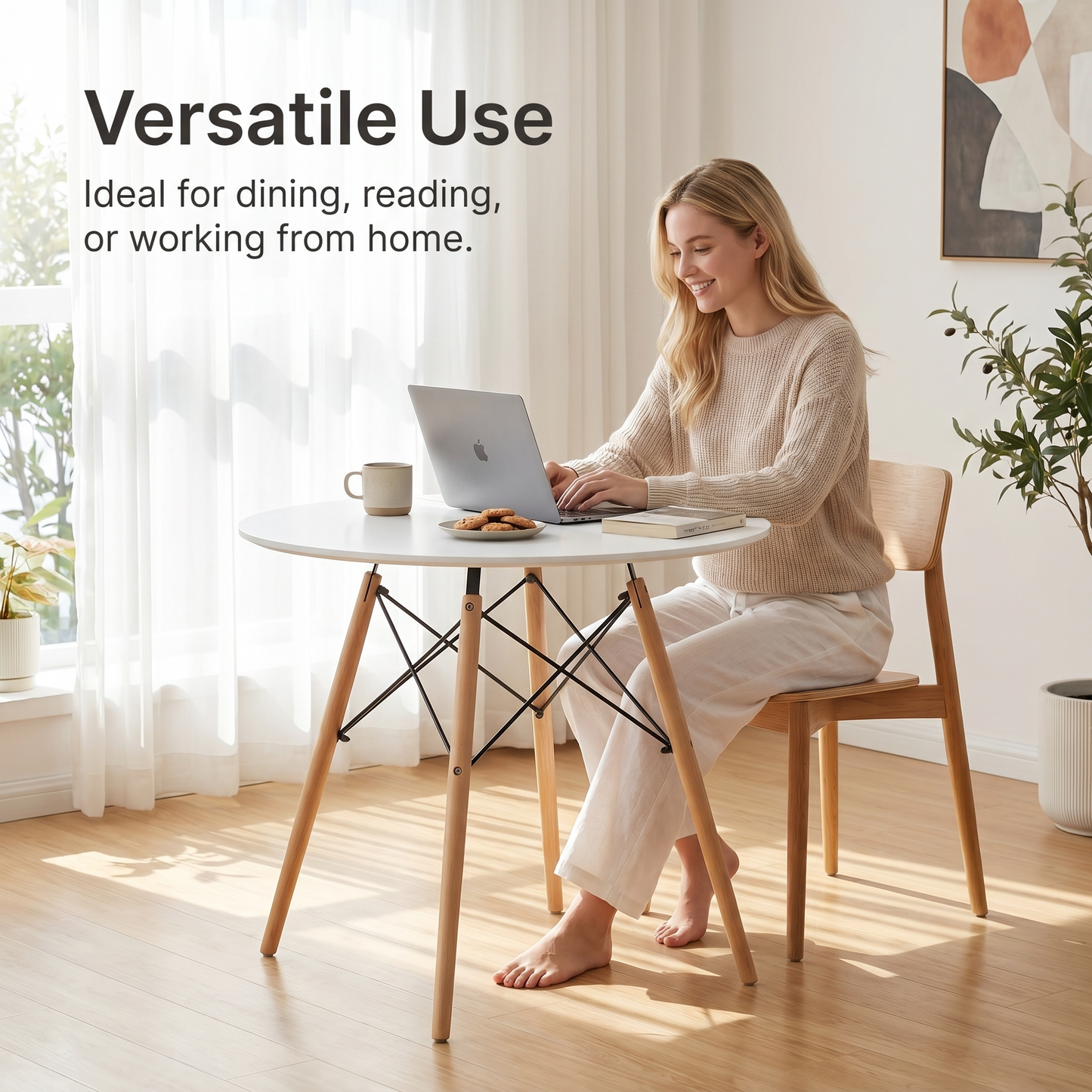 DEJINBU 1x Dining Table Eames Round Table 80cm White Top Beech Wood Legs For Home Cafe Office