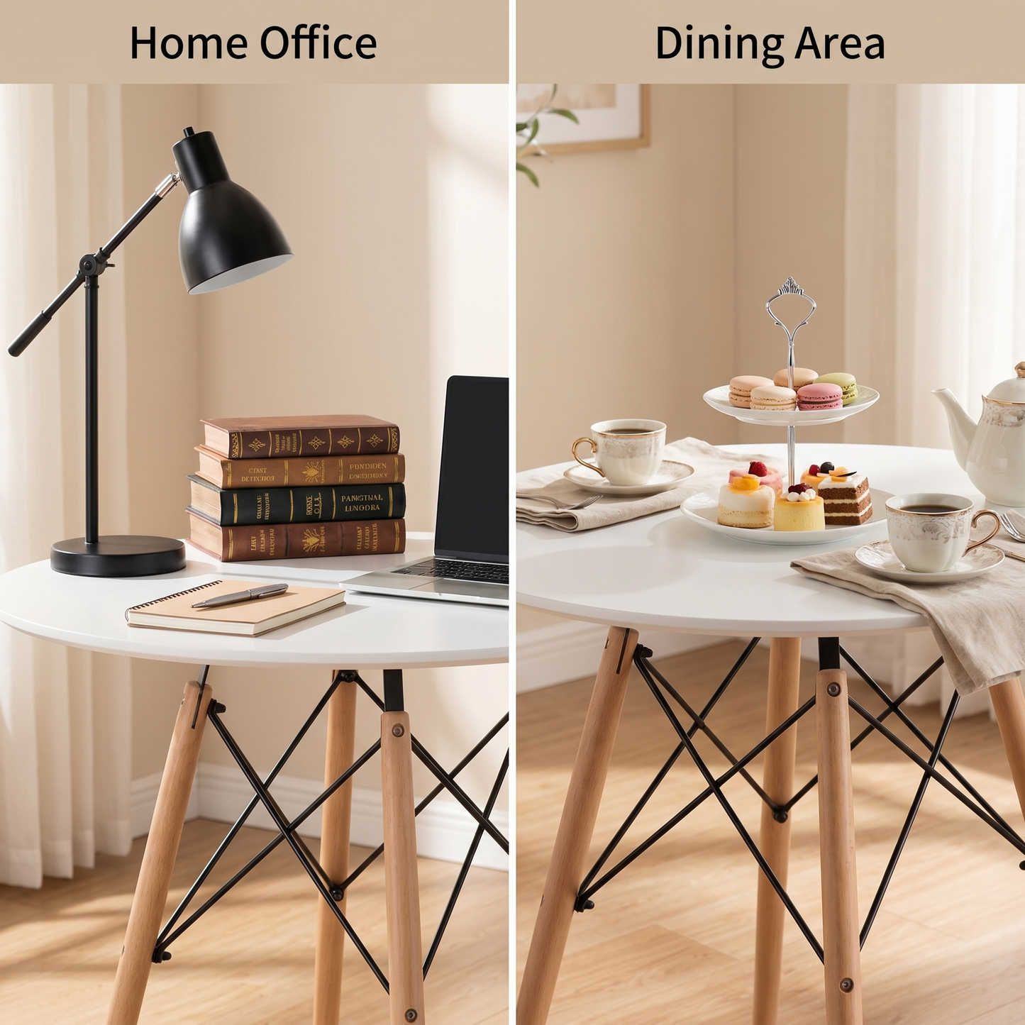 DEJINBU 1x Dining Table Eames Round Table 80cm White Top Beech Wood Legs For Home Cafe Office