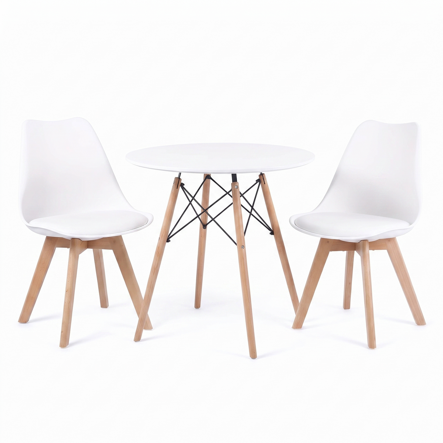 DEJINBU 3pcs Table Set 1x 80CM White Round Table With 2x White PP Padded Chair For Home Cafe Office