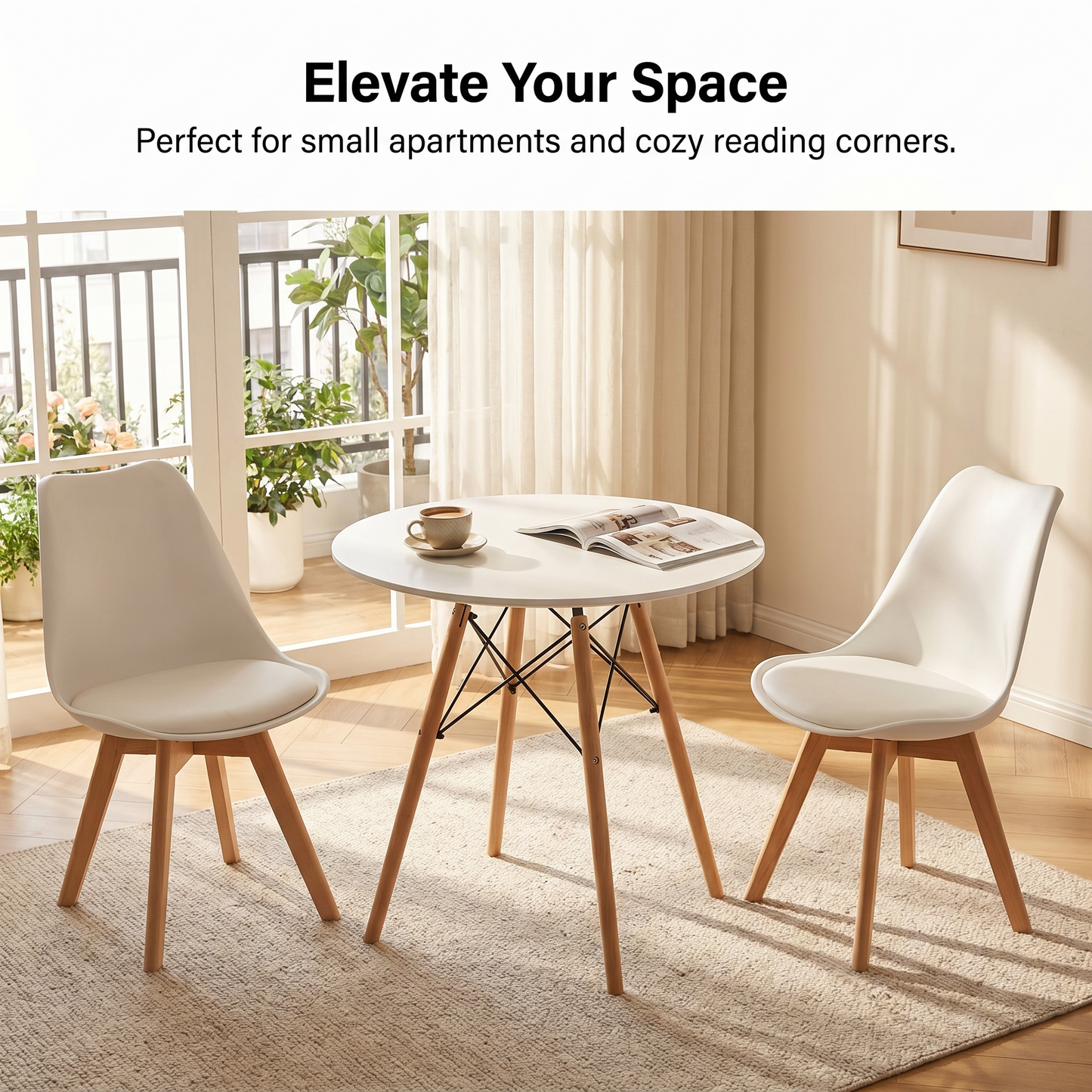 DEJINBU 3pcs Table Set 1x 80CM White Round Table With 2x White PP Padded Chair For Home Cafe Office