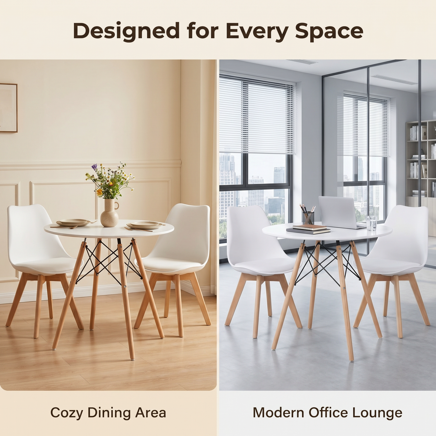 DEJINBU 3pcs Table Set 1x 80CM White Round Table With 2x White PP Padded Chair For Home Cafe Office