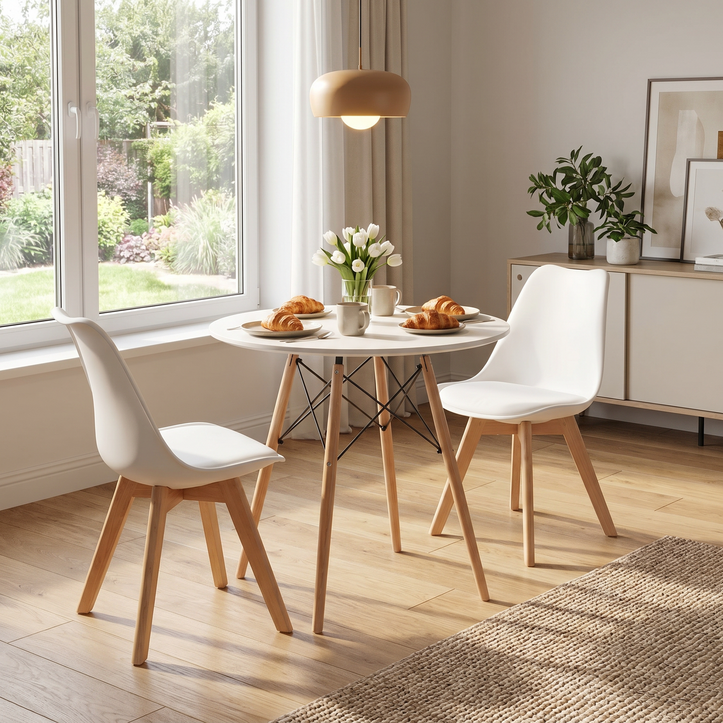 DEJINBU 3pcs Table Set 1x 80CM White Round Table With 2x White PP Padded Chair For Home Cafe Office
