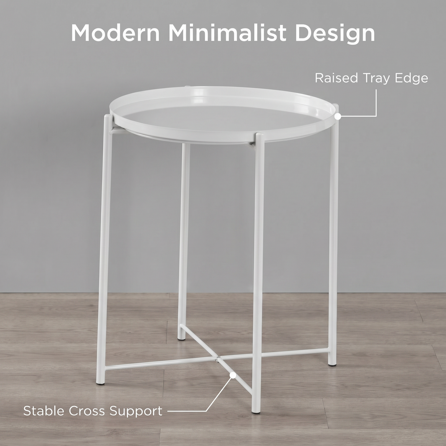 1x Modern White Metal Side Table, Round End Table with Metal X-Base - Ideal for Living Room, Bedroom, Small Spaces Corners