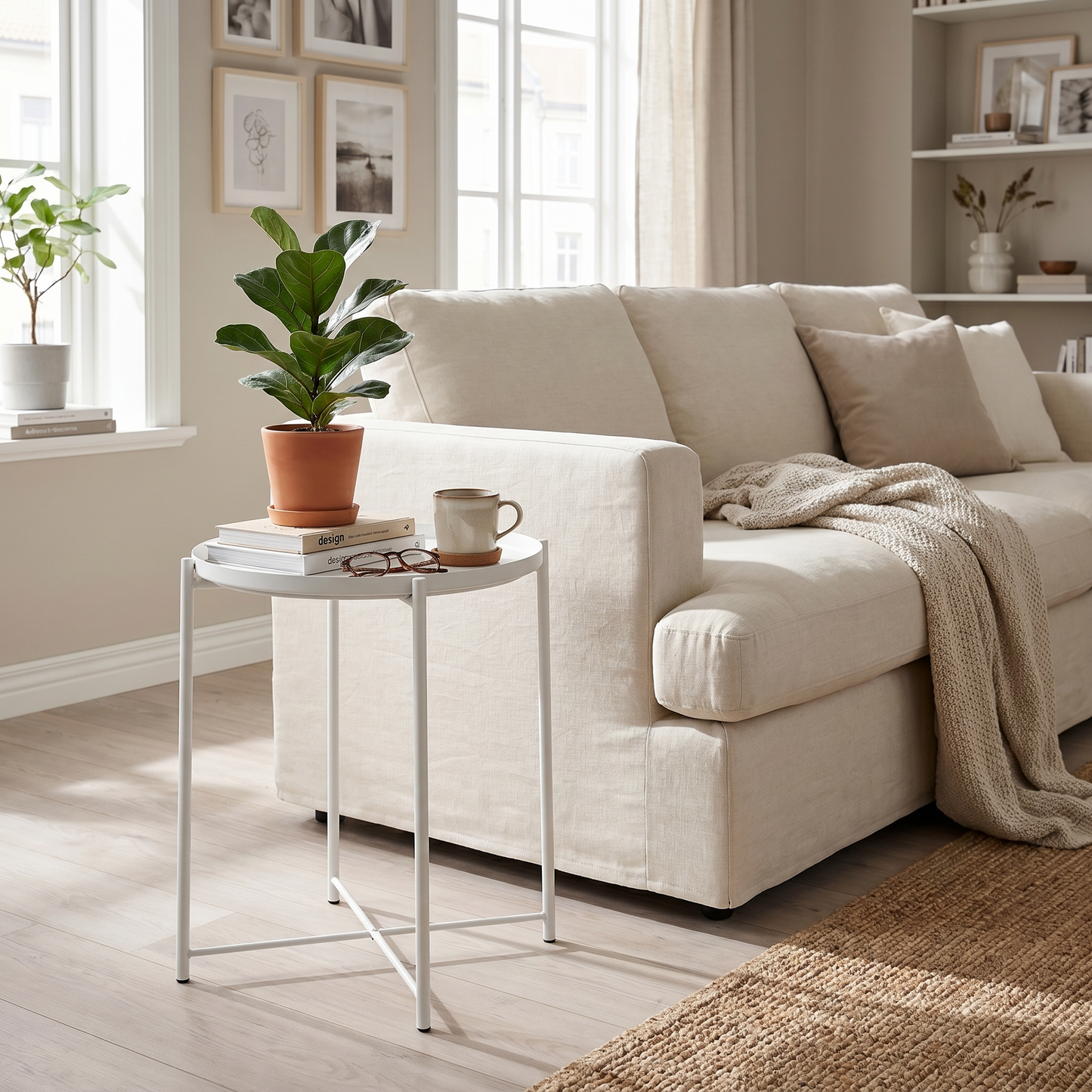 1x Modern White Metal Side Table, Round End Table with Metal X-Base - Ideal for Living Room, Bedroom, Small Spaces Corners