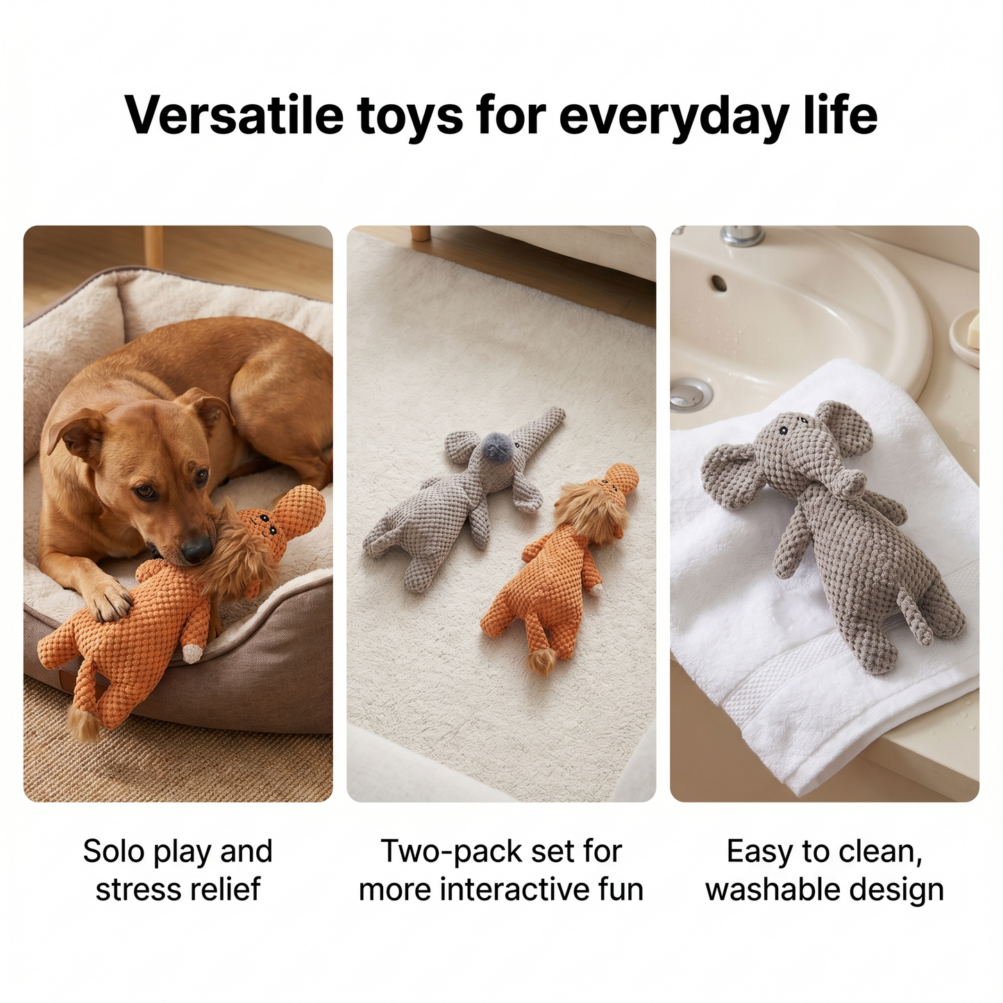 1x Elephant Toy and 1x Lion Toy Squeaky Pet Plush Toy Padded Chew Toy