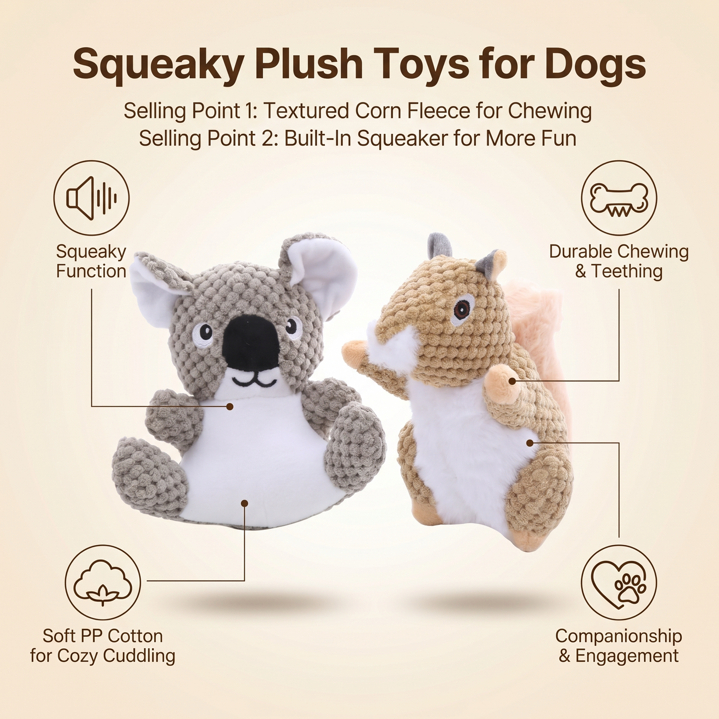1x Squirrel Toy and 1x Kola Toy Squeaky Pet Plush Toy Padded Chew Toy