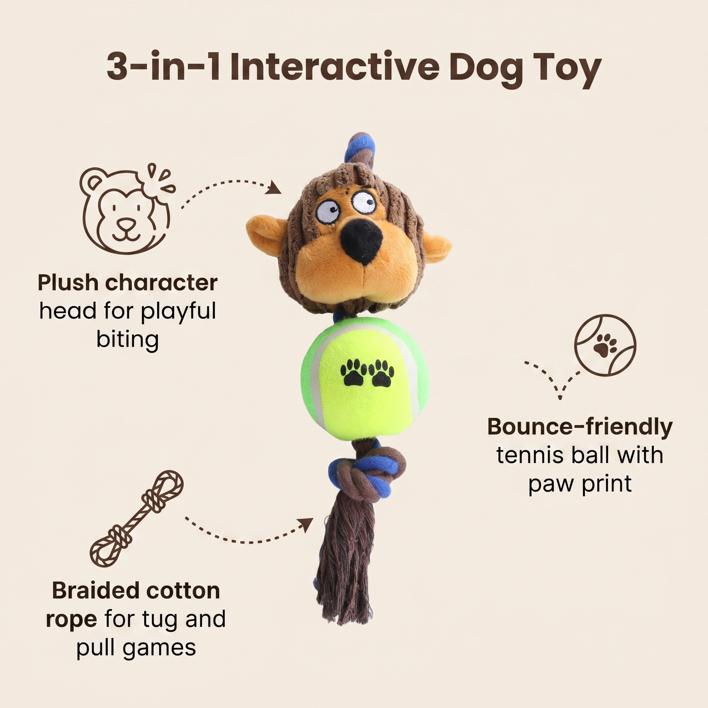 1x Ball Monkey Squeaky Pet Plush Toy Teething Rope Knot Padded Chew Toy