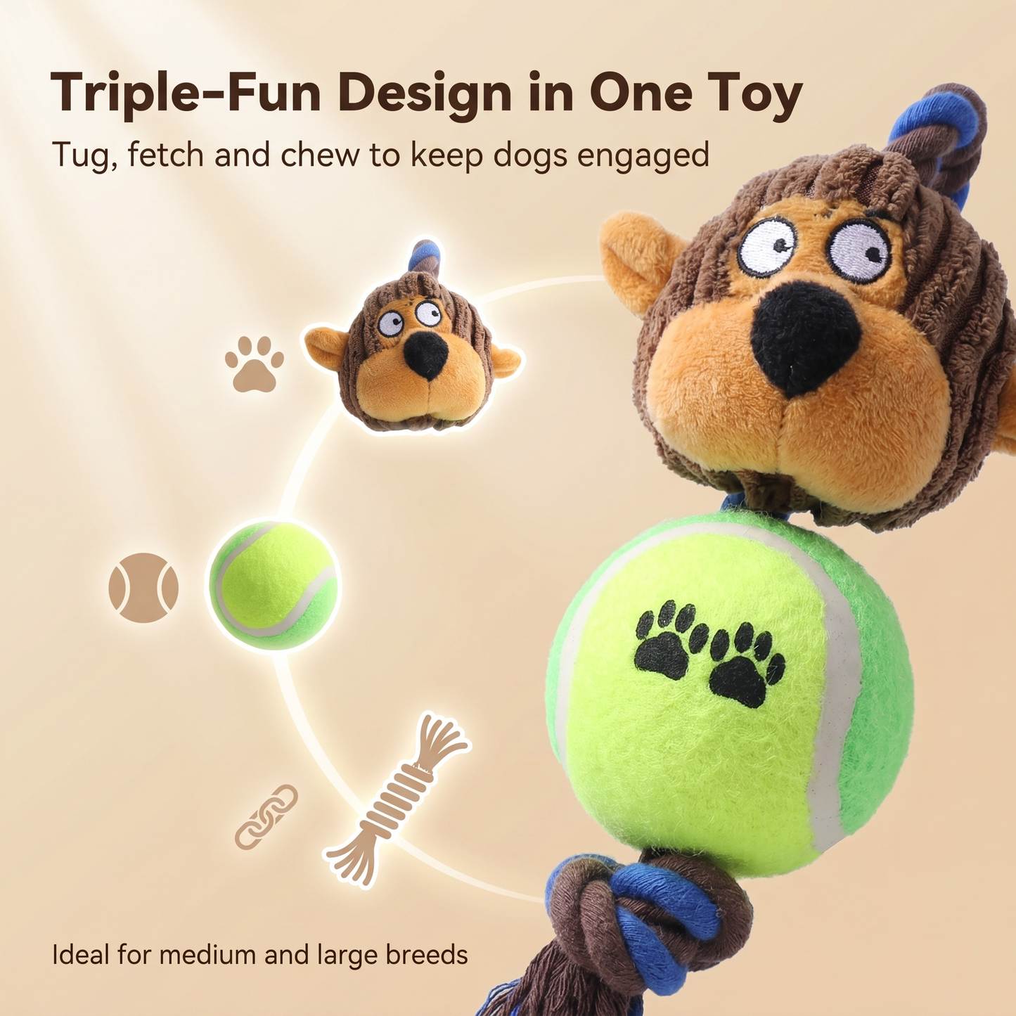 1x Ball Monkey Squeaky Pet Plush Toy Teething Rope Knot Padded Chew Toy