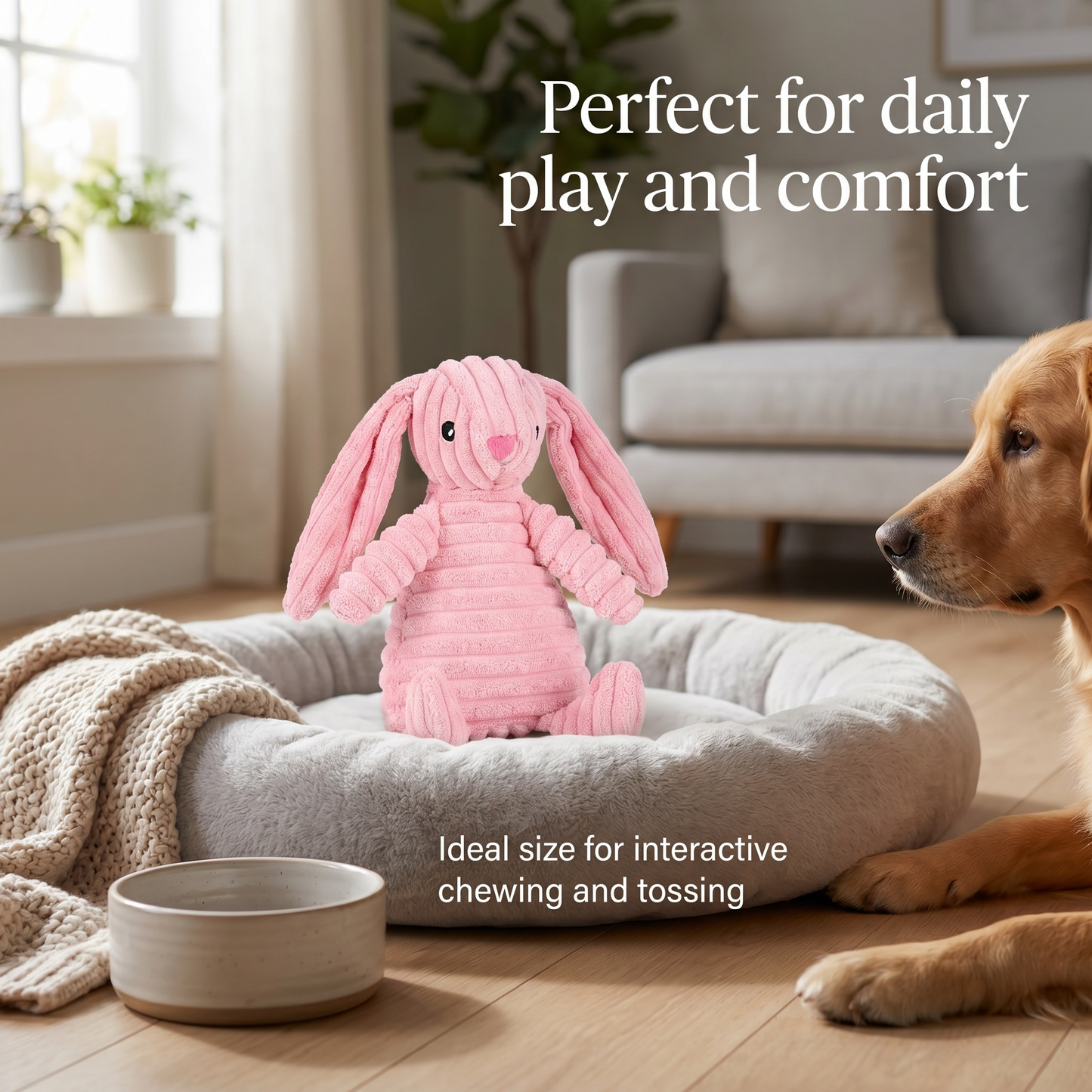 1x Pink Rabbit Squeaky Pet Plush Toy Padded Chew Toy