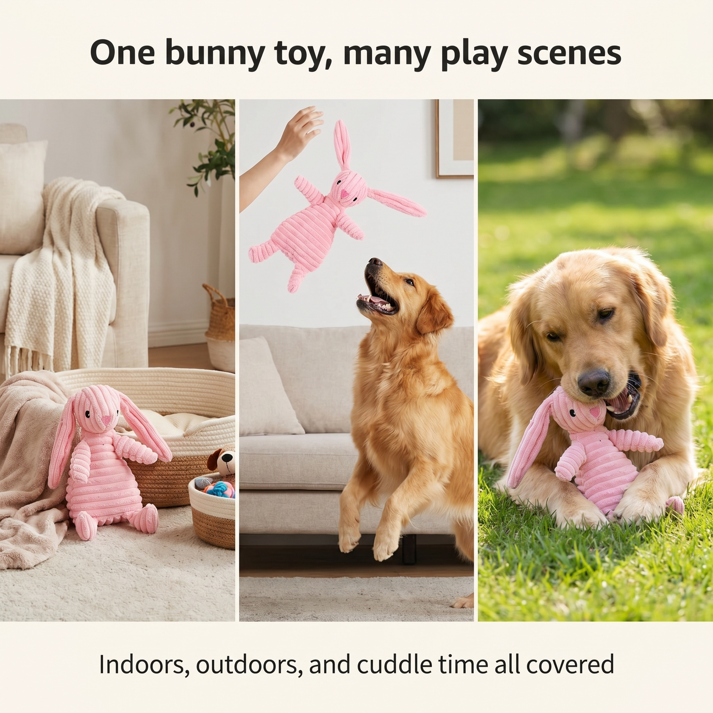 1x Pink Rabbit Squeaky Pet Plush Toy Padded Chew Toy