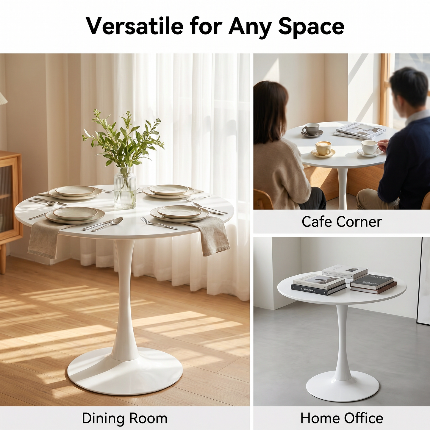 DEJINBU 1x Round Tulip Table Dining Table 80cm White Top Metal Pedestal Round Metal Base For Home Cafe Office