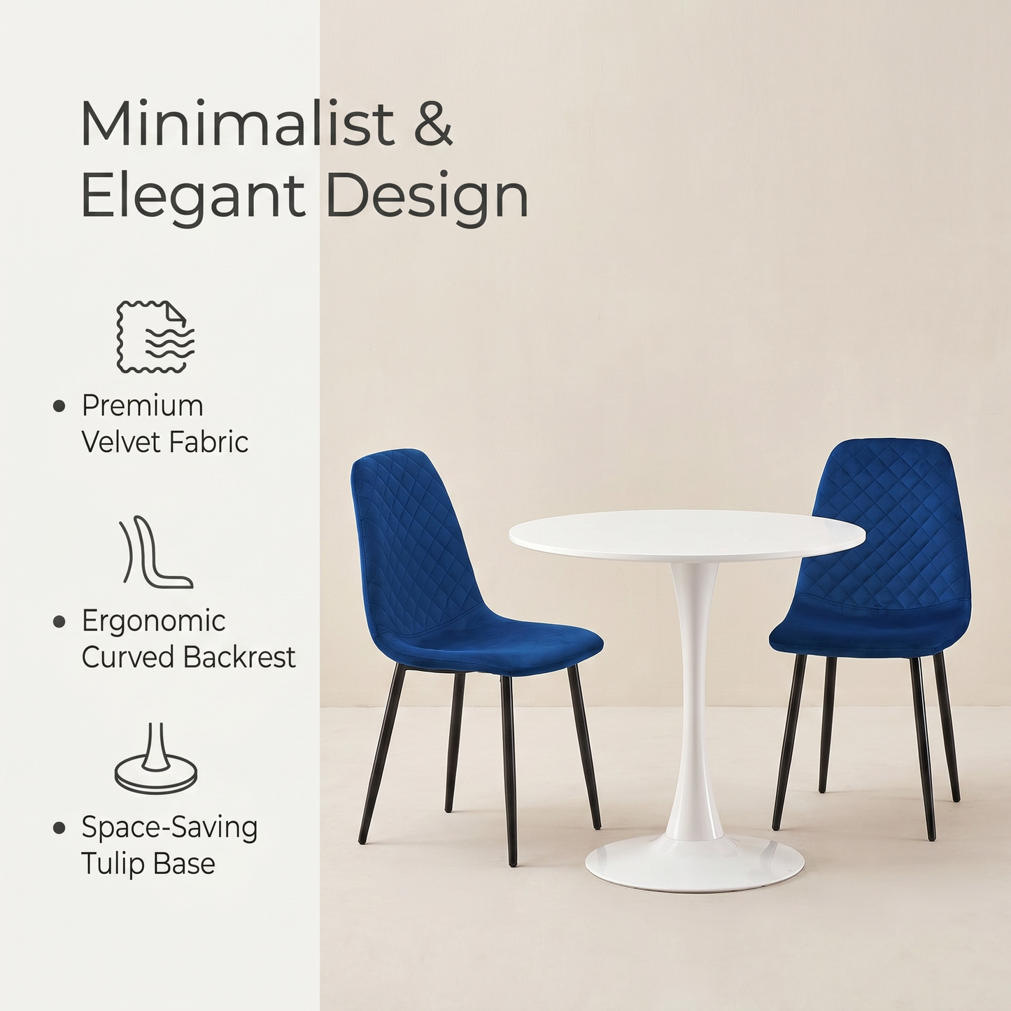 DEJINBU 3pcs Table Set 1x 80CM White Tulip Table With 2x Blue Velvet Dining Chair For Home Cafe Office